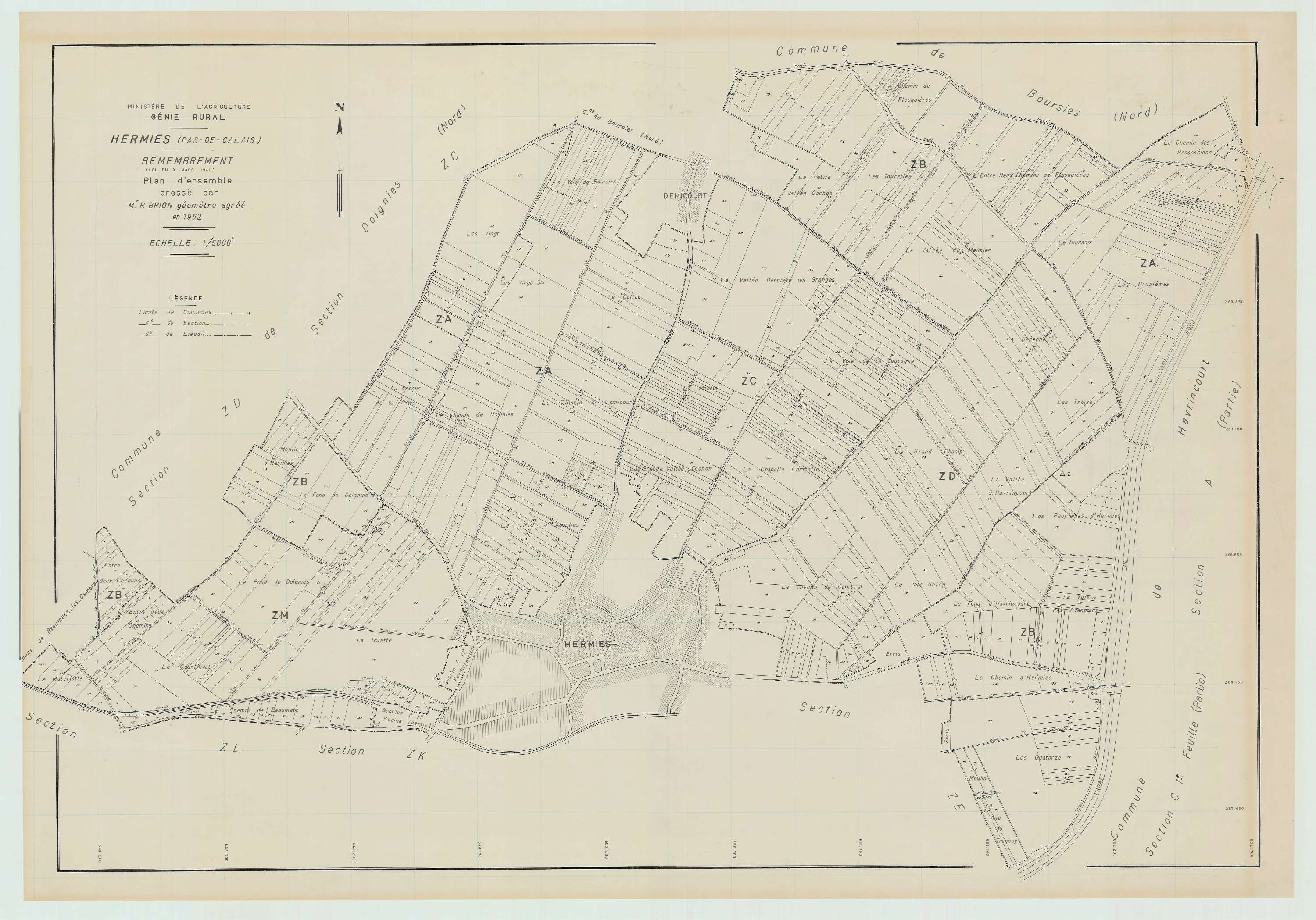 Hermies - Plan cadastral : tableau d'assemblage postérieur au remembrement.