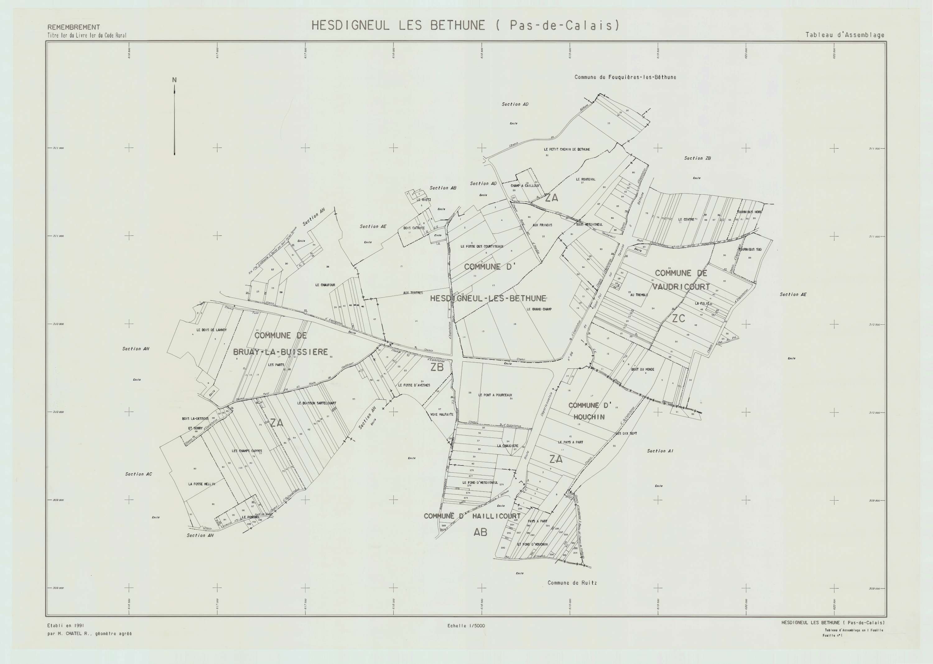 Hesdigneul-lès-Béthune - Plan cadastral : tableau d'assemblage postérieur au remembrement.
