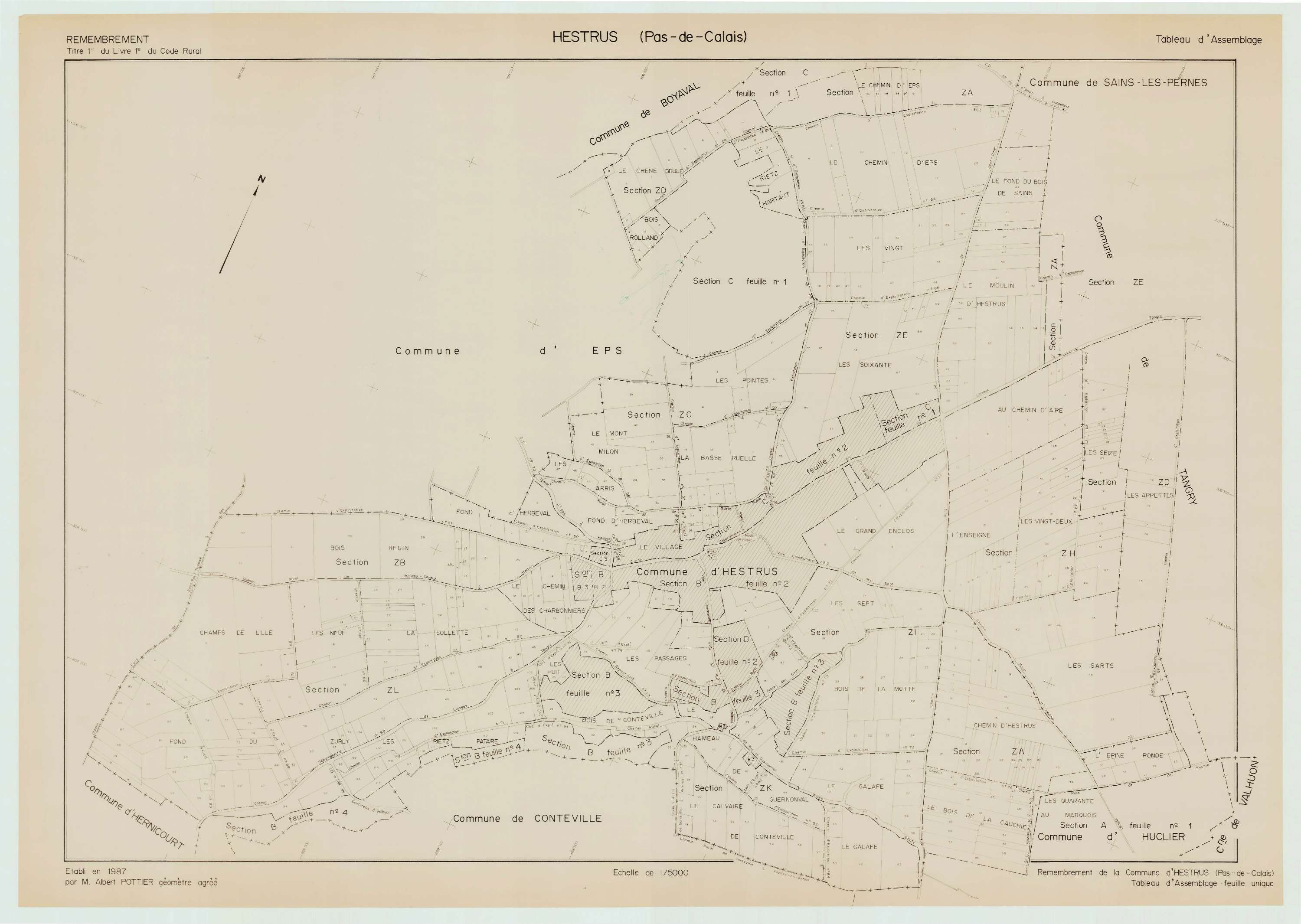 Hestrus - Plan cadastral : tableau d'assemblage postérieur au remembrement.