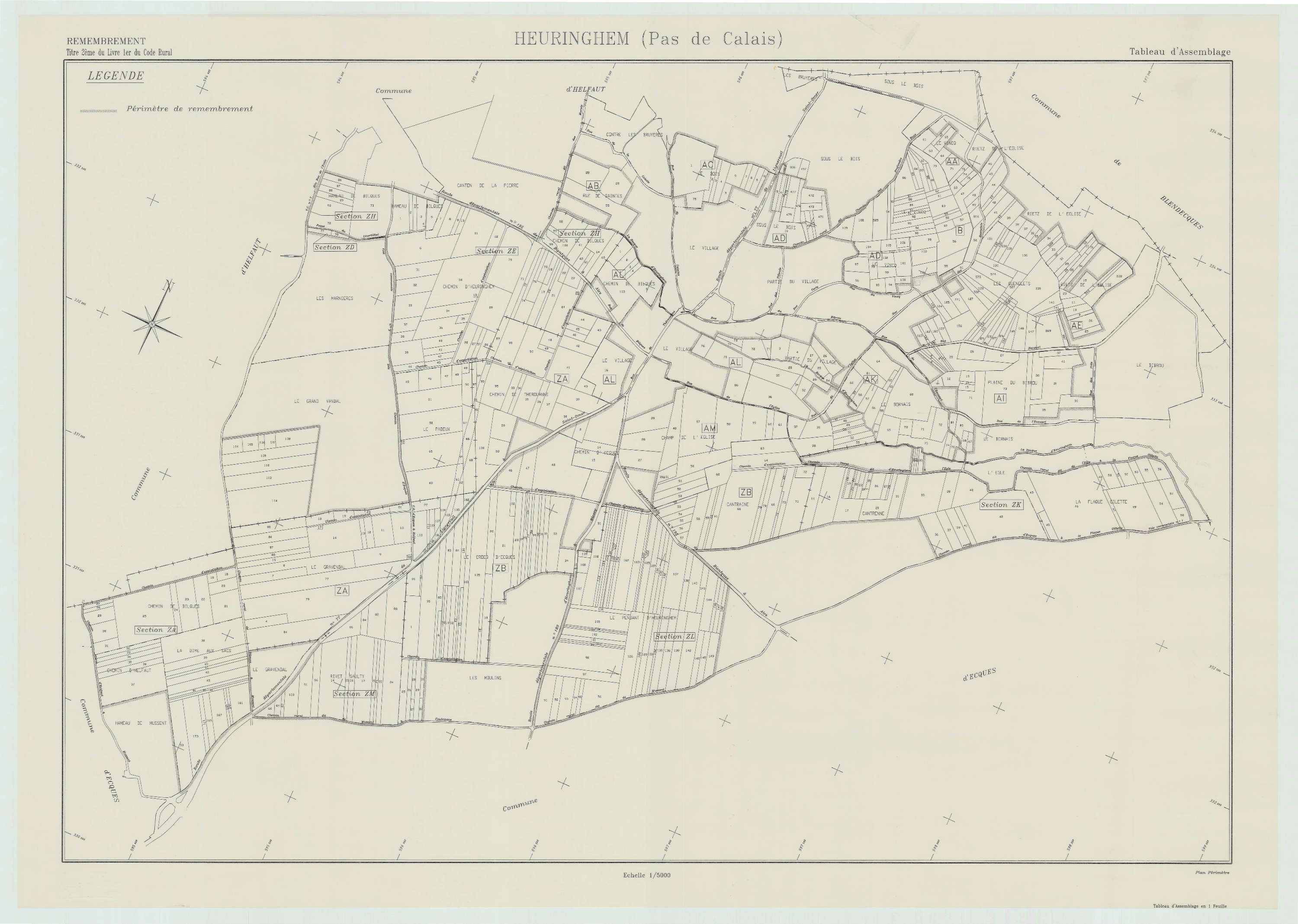 Heuringhem - Plan cadastral : tableau d'assemblage postérieur au remembrement.