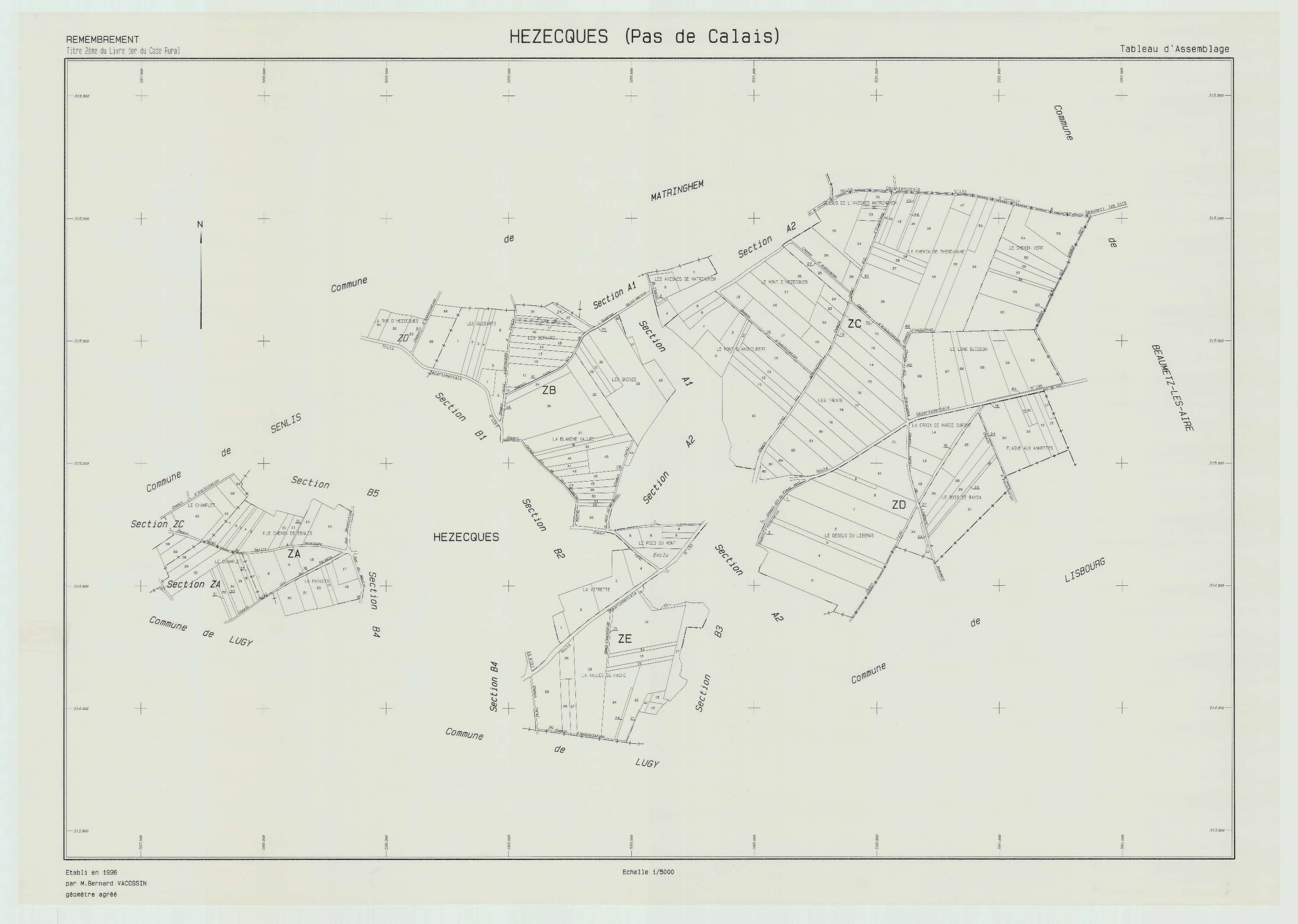Hézecques - Plan cadastral : tableau d'assemblage postérieur au remembrement.