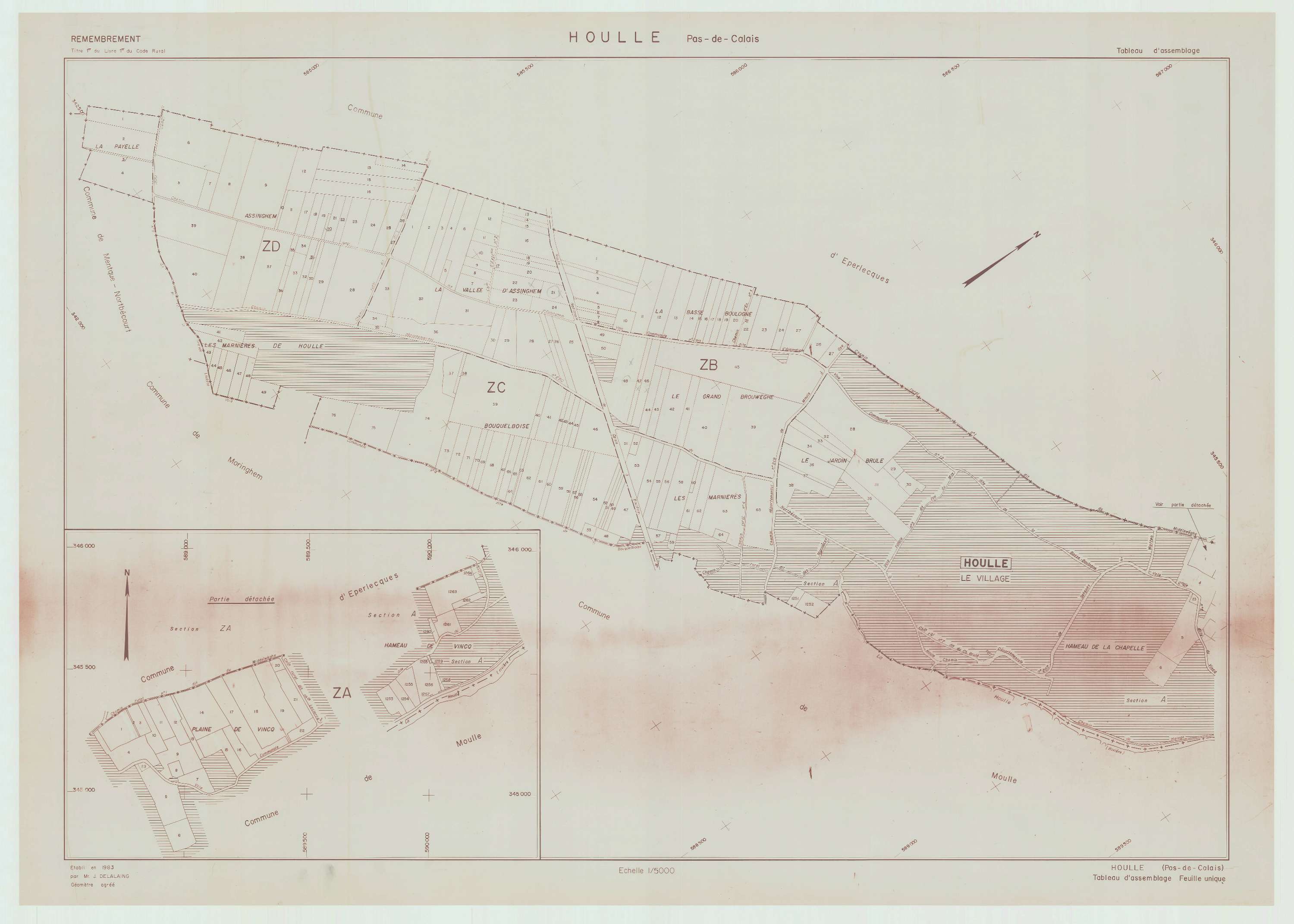 Houlle - Plan cadastral : tableau d'assemblage postérieur au remembrement.