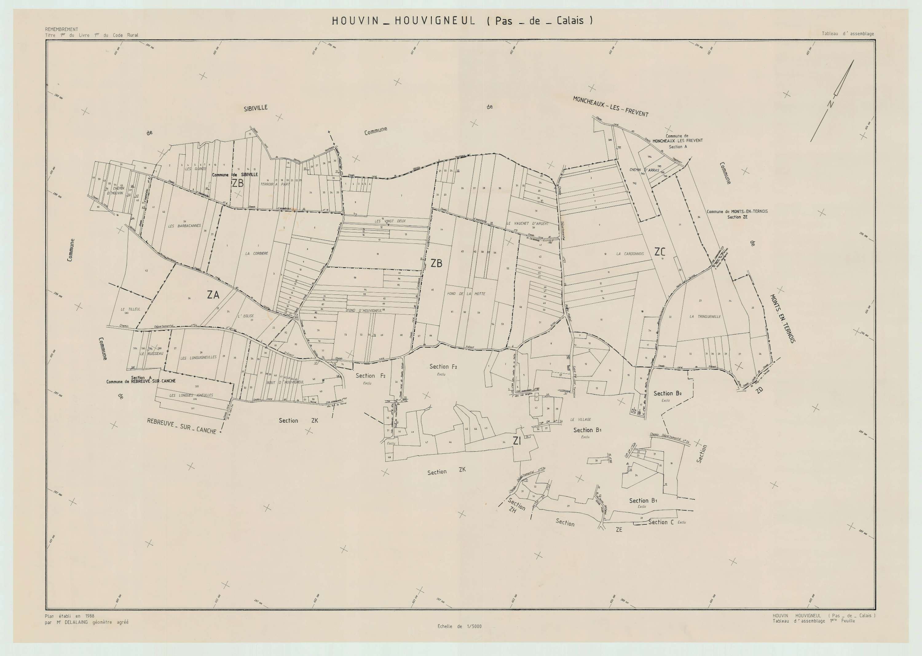 Houvin-Houvigneul - Plan cadastral : tableau d'assemblage postérieur au remembrement.
