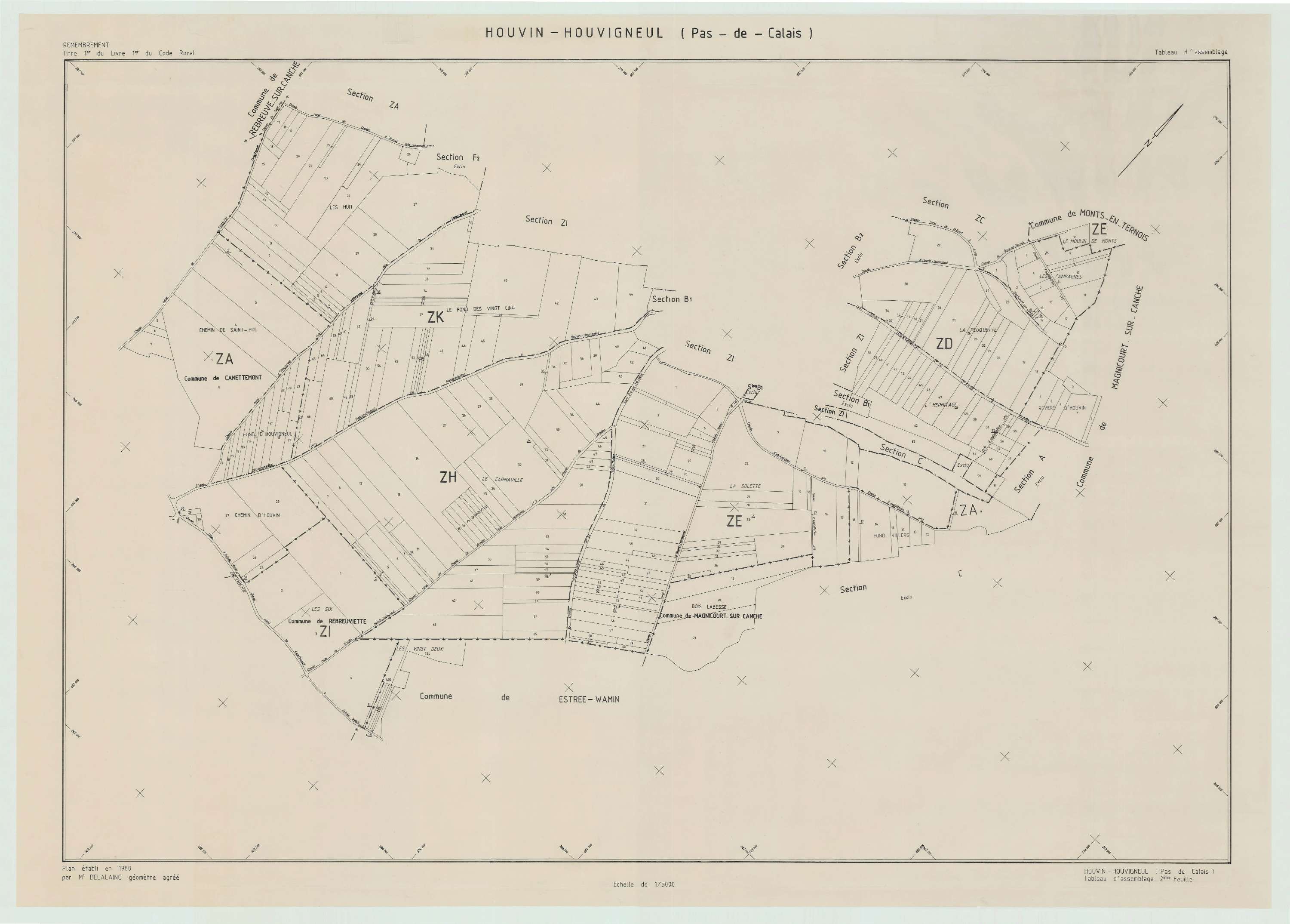 Houvin-Houvigneul - Plan cadastral : tableau d'assemblage postérieur au remembrement.