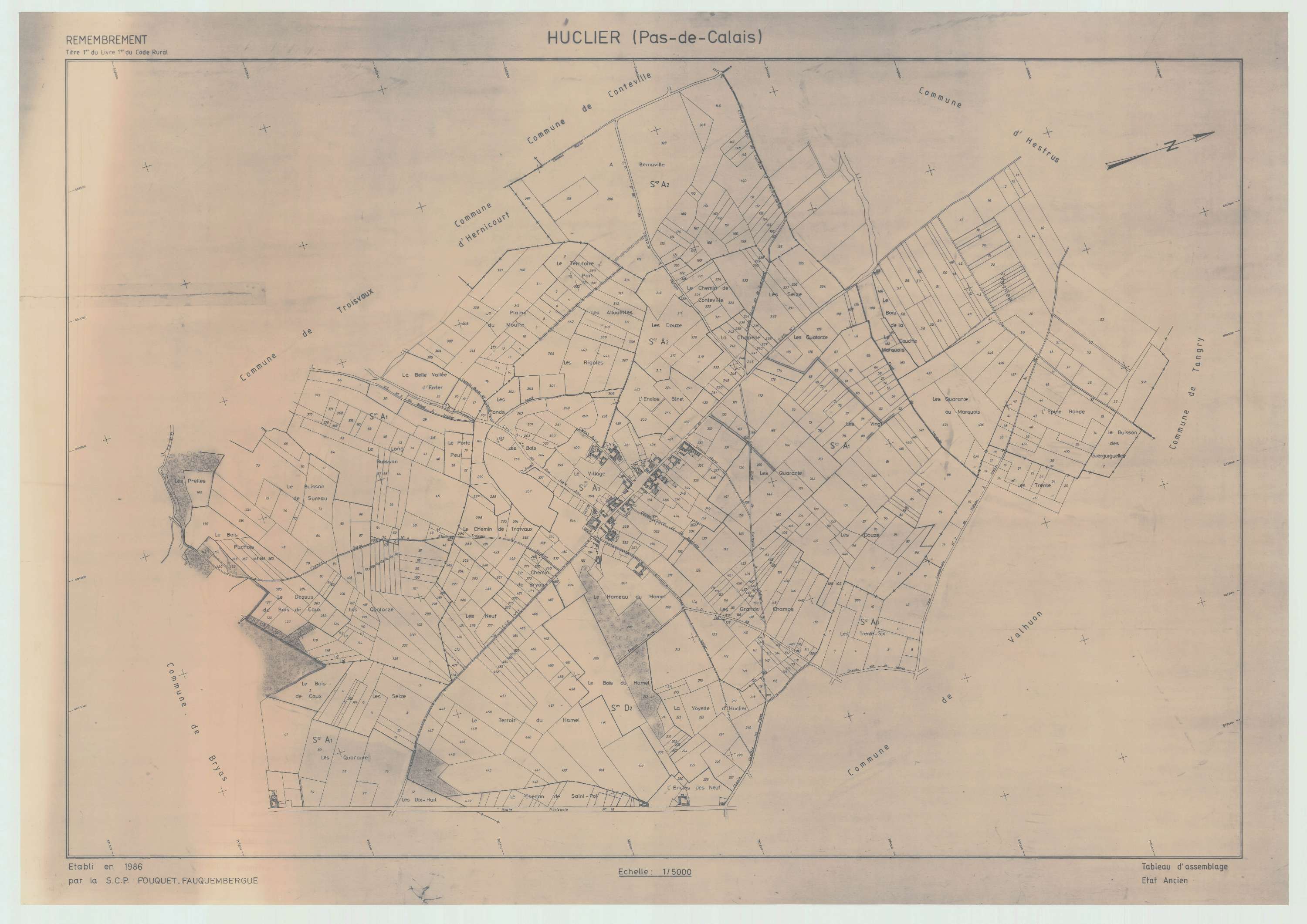 Huclier - Plan cadastral : tableau d'assemblage antérieur au remembrement.