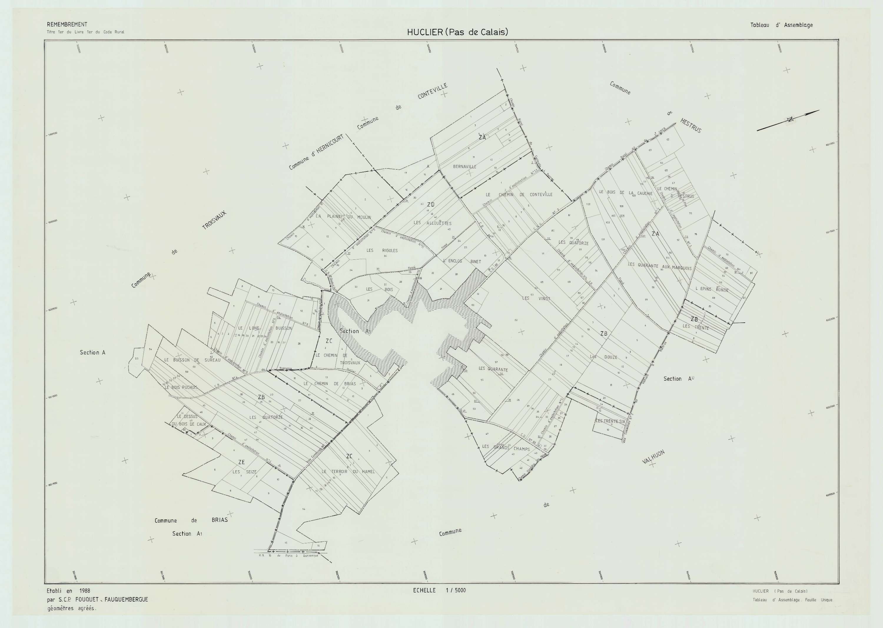 Huclier - Plan cadastral : tableau d'assemblage postérieur au remembrement.