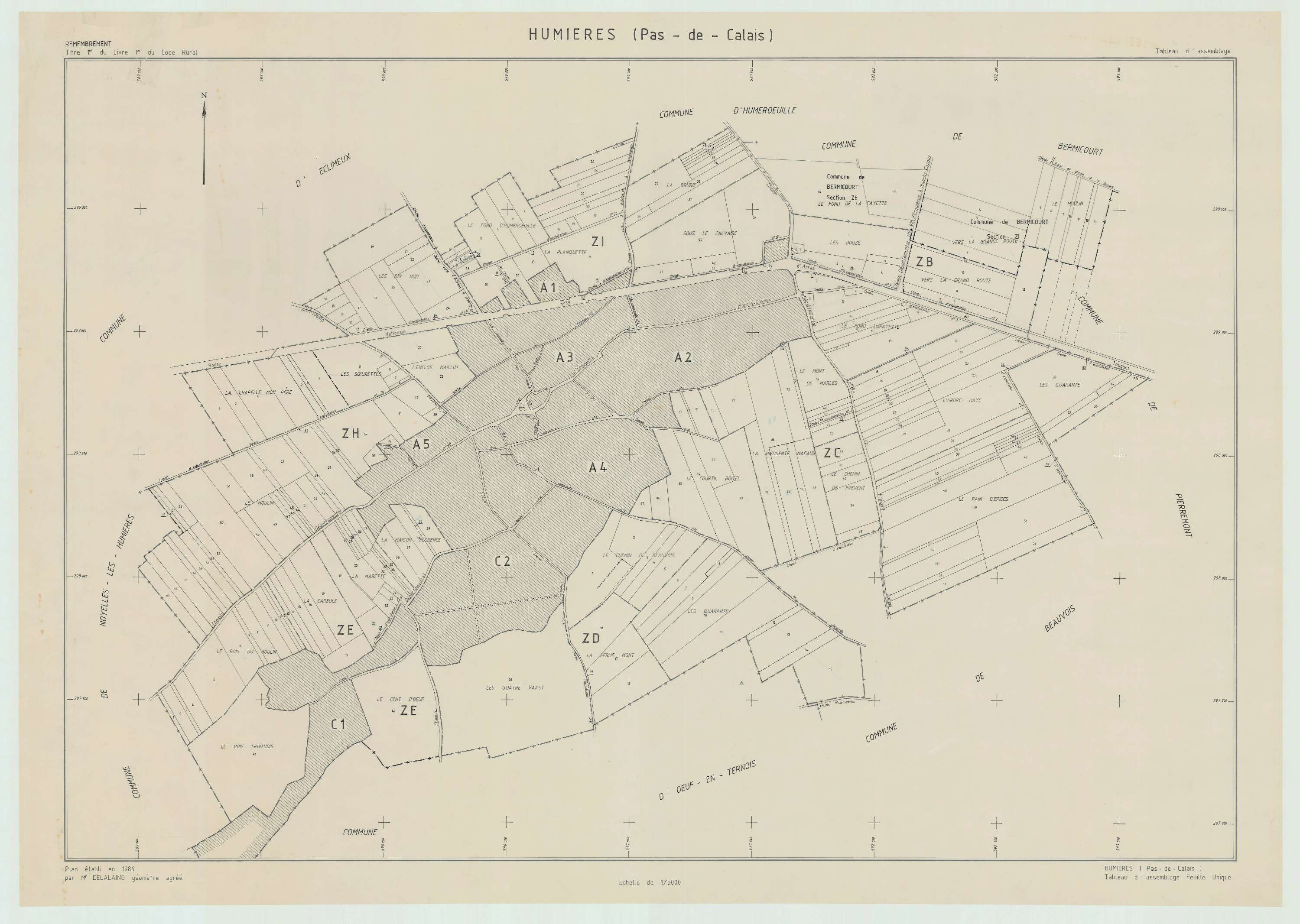 Humières - Plan cadastral : tableau d'assemblage postérieur au remembrement.