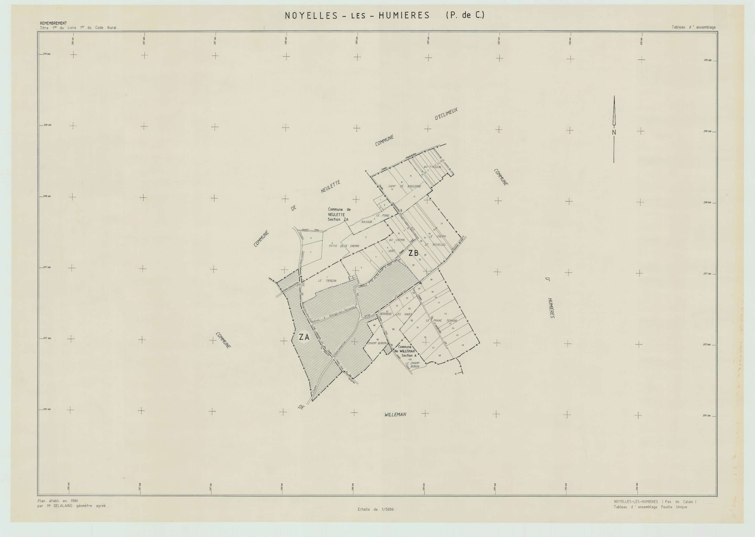 Humières - Plan cadastral : tableau d'assemblage postérieur au remembrement.