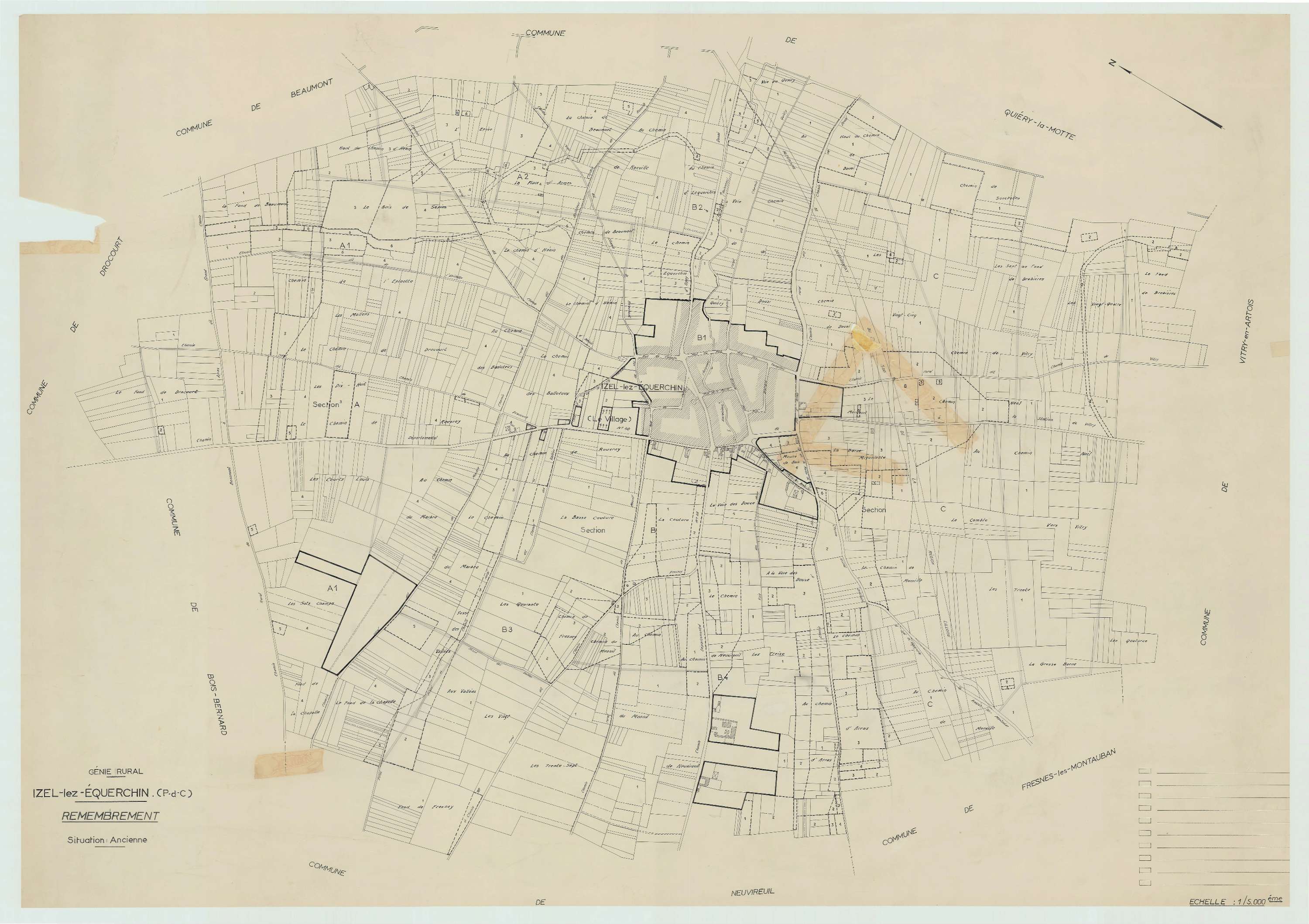 Izel-lès-Équerchin - Plan cadastral : tableau d'assemblage antérieur au remembrement.