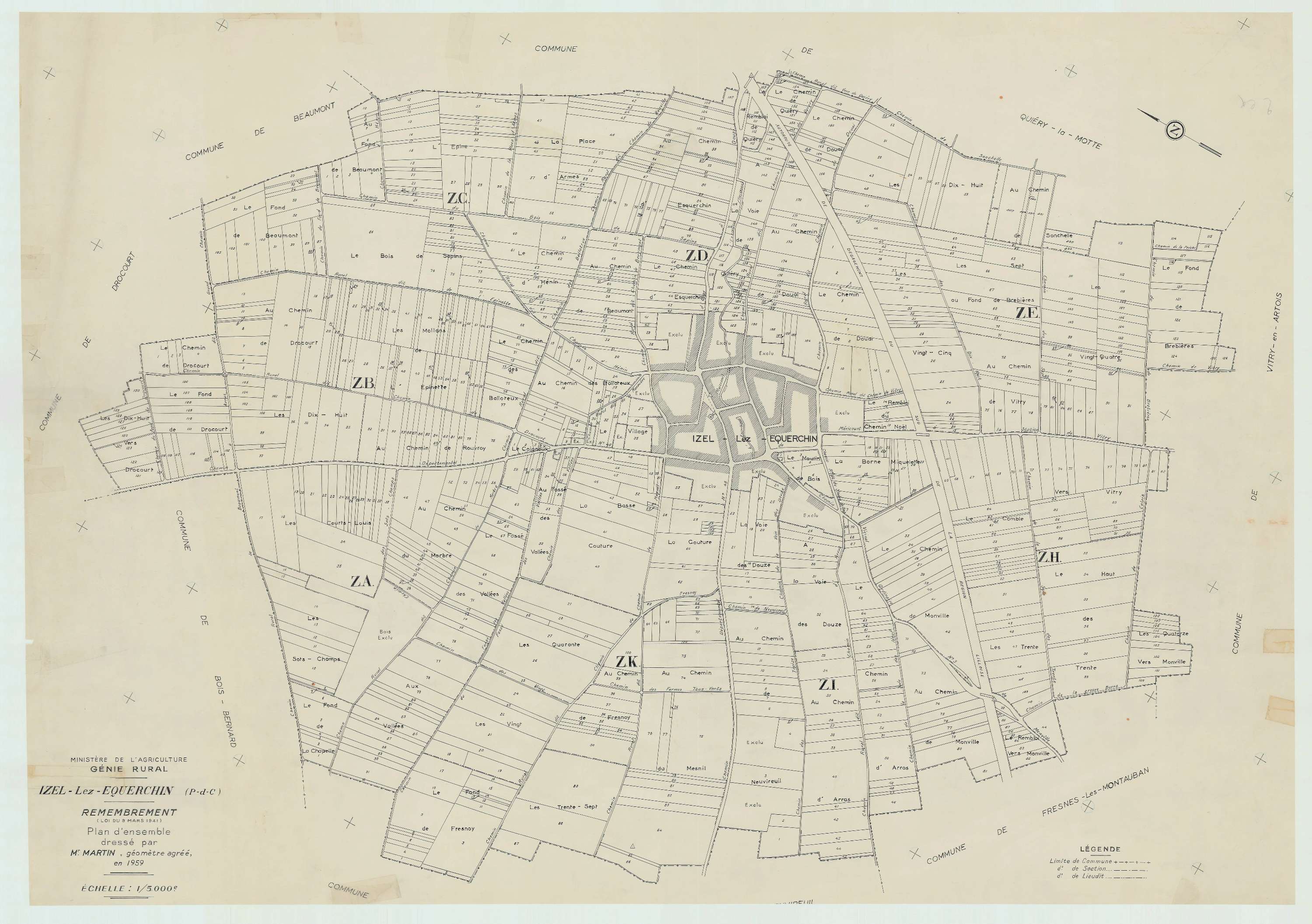 Izel-lès-Équerchin - Plan cadastral : tableau d'assemblage postérieur au remembrement.