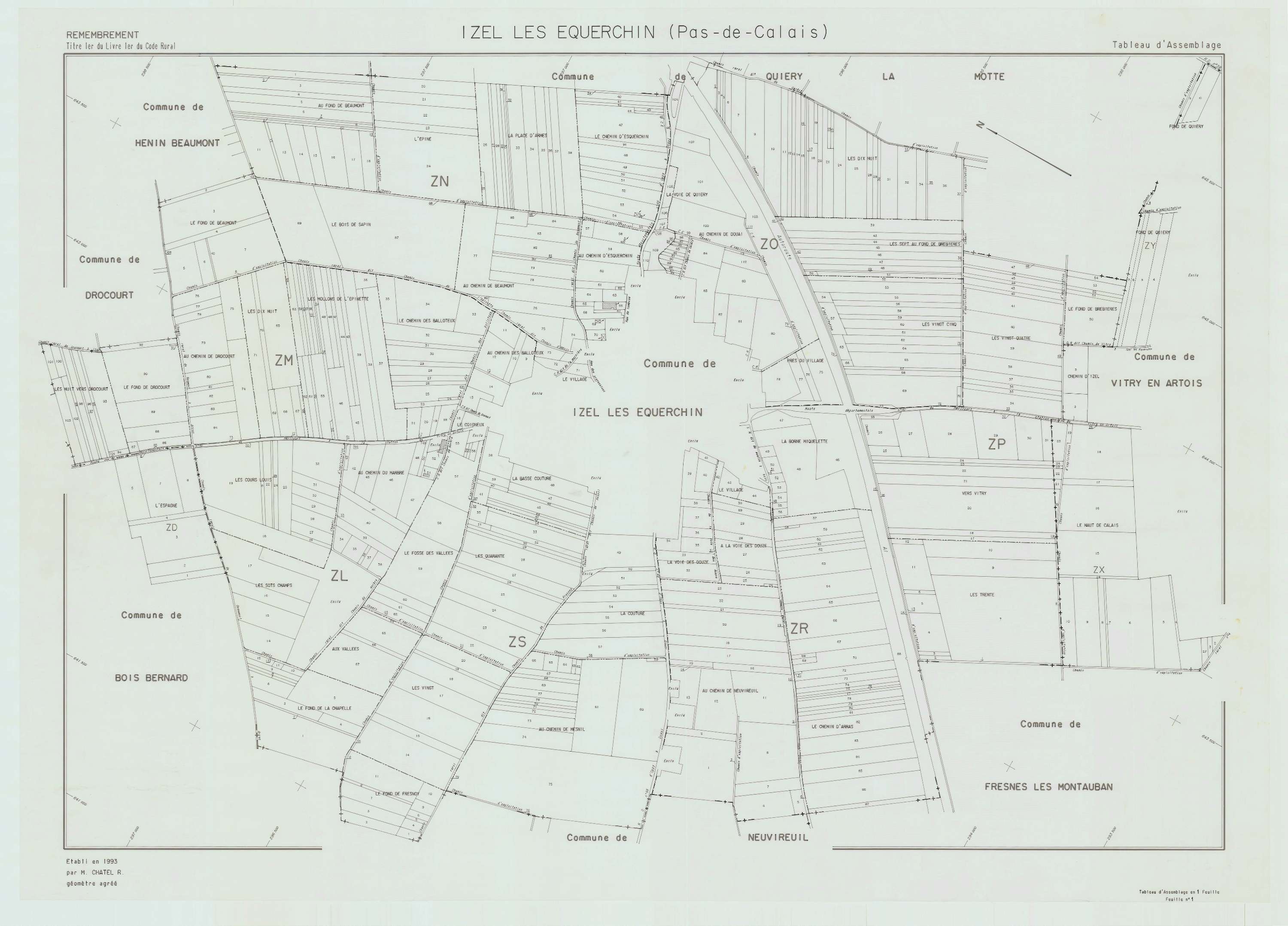Izel-lès-Équerchin - Plan cadastral : tableau d'assemblage postérieur au remembrement.