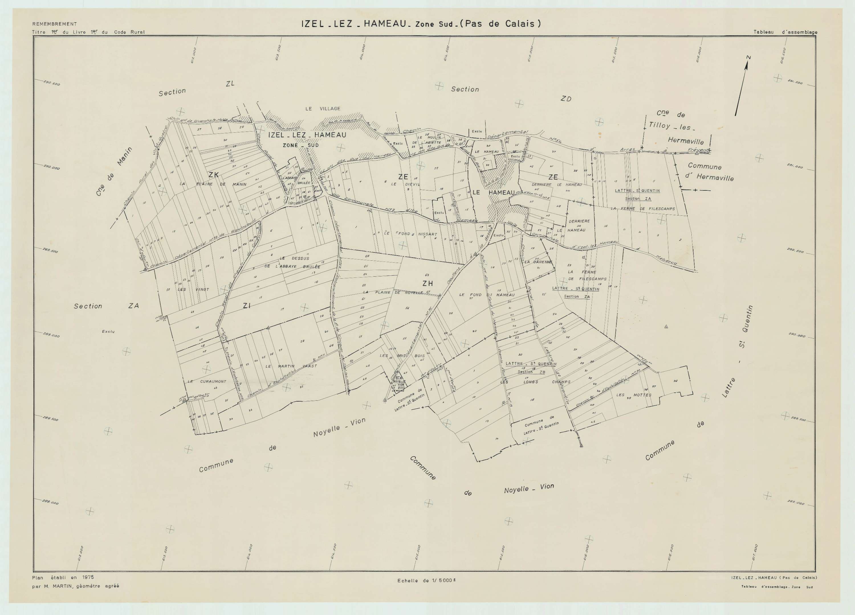 Izel-lès-Hameau - Plan cadastral : tableau d'assemblage postérieur au remembrement.