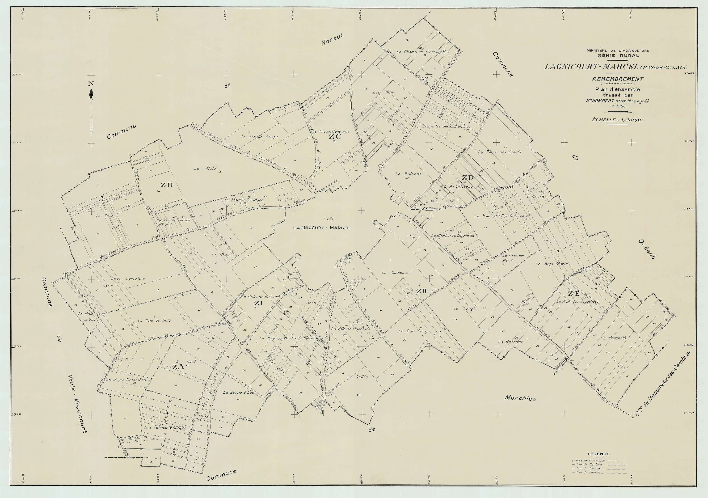 Lagnicourt-Marcel - Plan cadastral : tableau d'assemblage postérieur au remembrement.