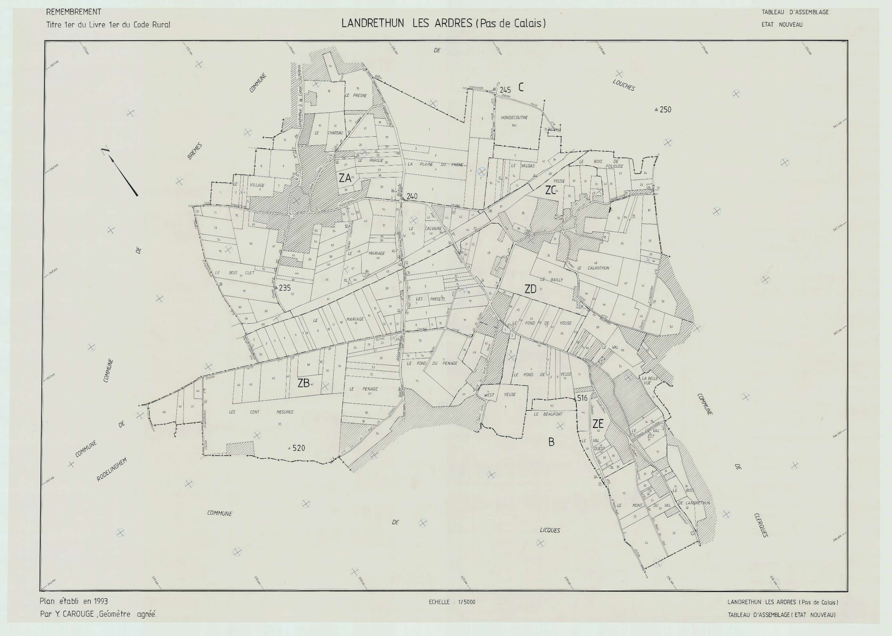 Landrethun-lès-Ardres - Plan cadastral : tableau d'assemblage antérieur au remembrement.