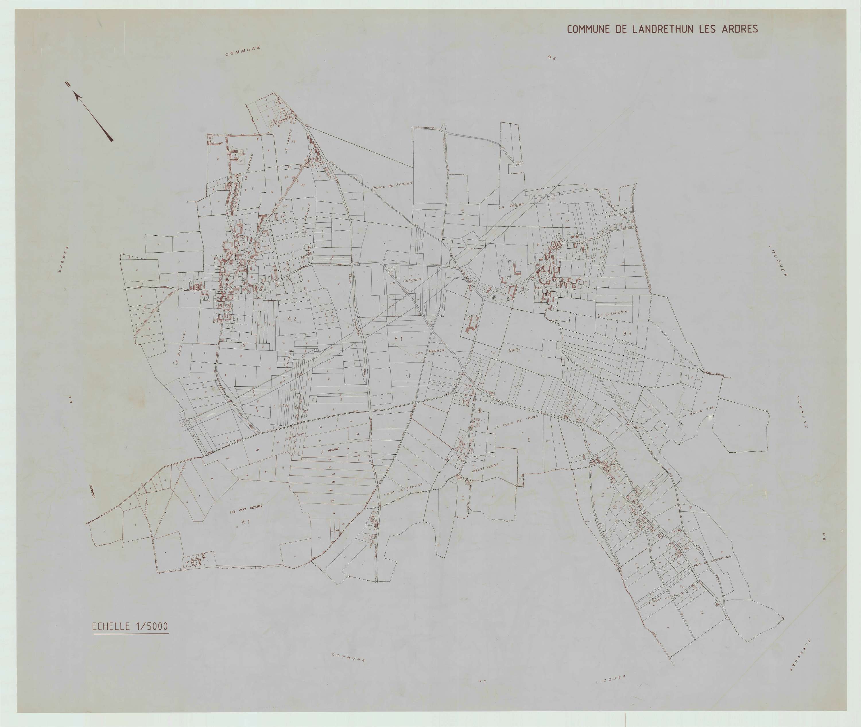 Landrethun-lès-Ardres - Plan cadastral : tableau d'assemblage postérieur au remembrement.