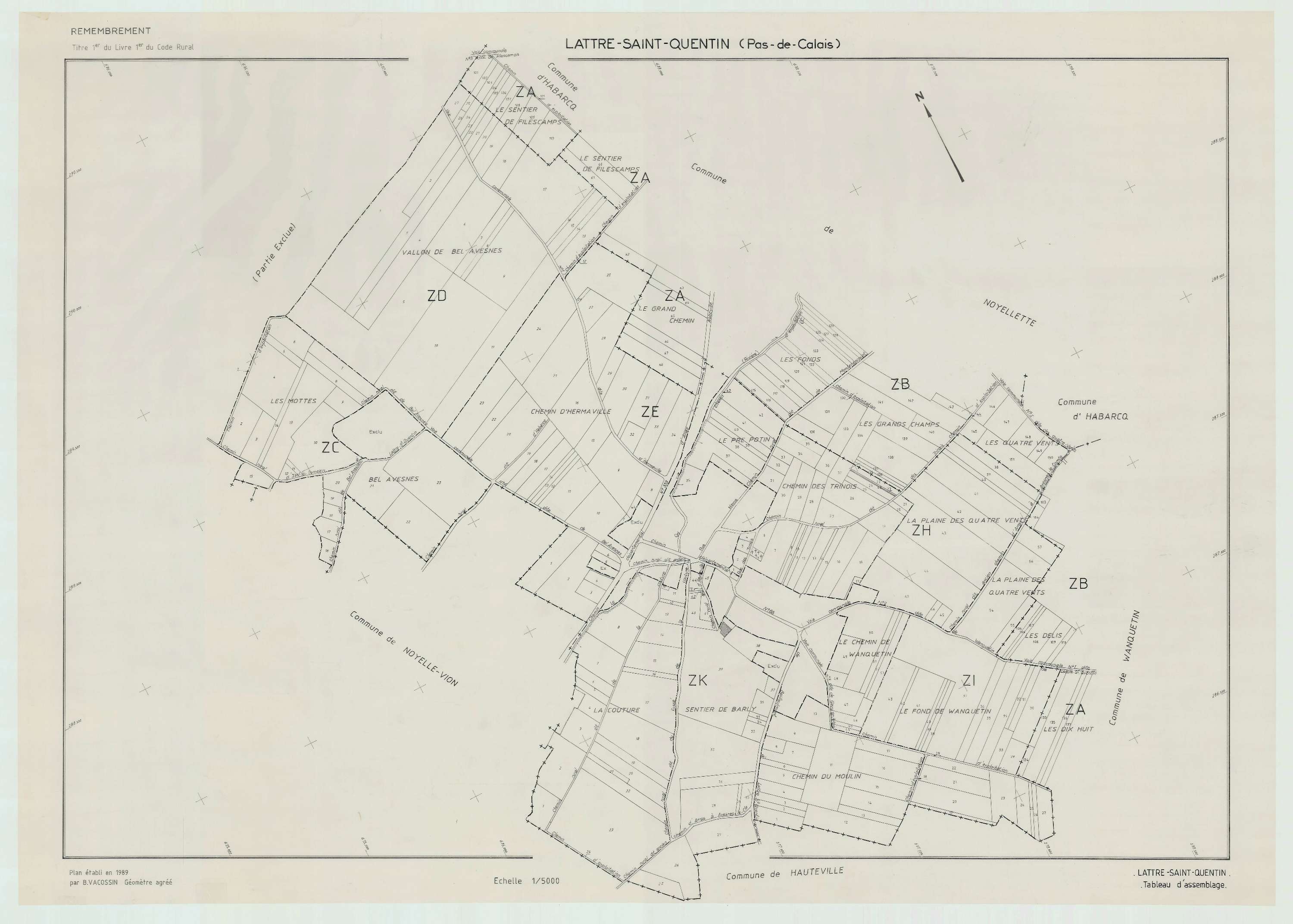 Lattre-Saint-Quentin - Plan cadastral : tableau d'assemblage postérieur au remembrement.