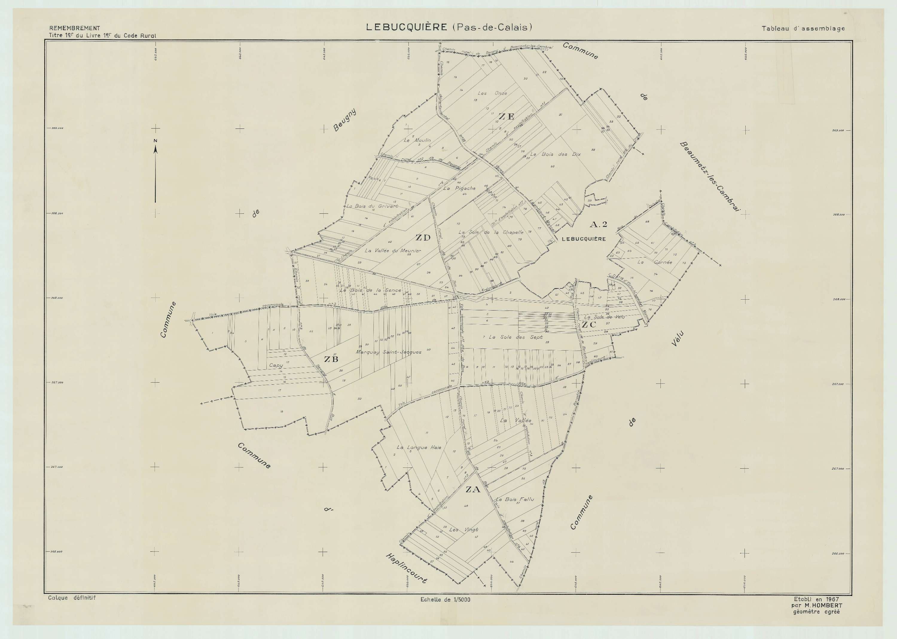 Lebucquière - Plan cadastral : tableau d'assemblage postérieur au remembrement.