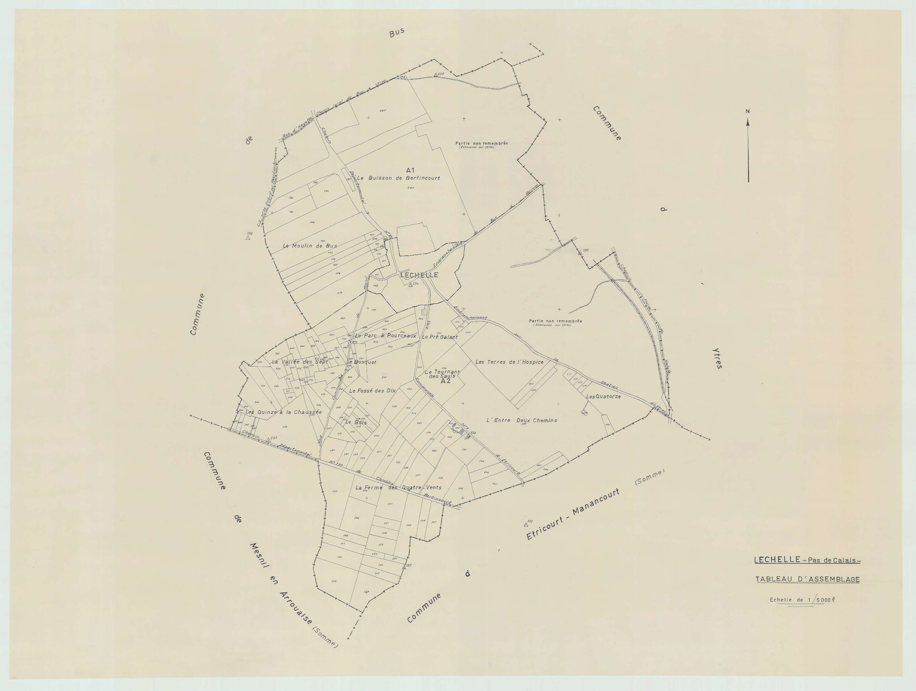 Léchelle - Plan cadastral : tableau d'assemblage antérieur au remembrement.