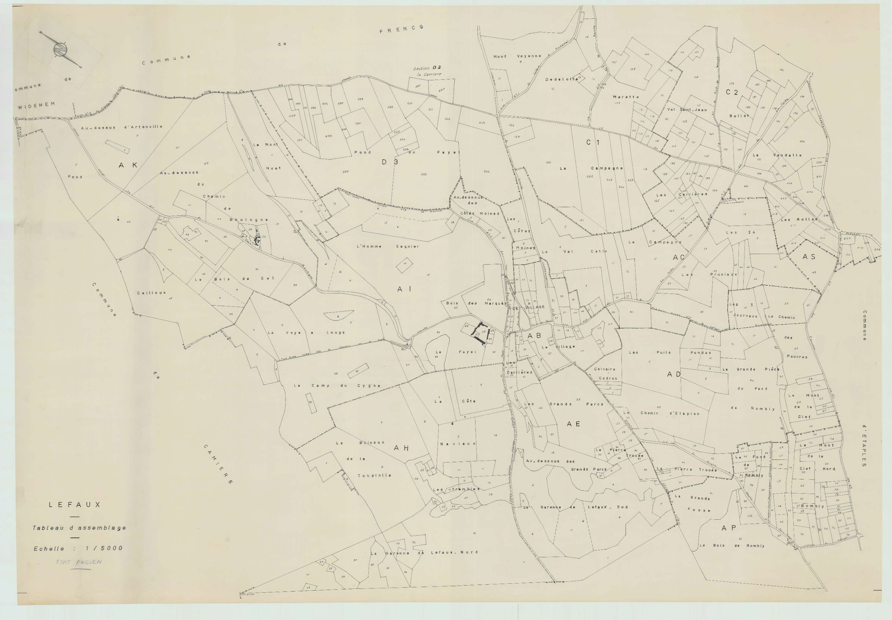 Lefaux - Plan cadastral : tableau d'assemblage postérieur au remembrement.
