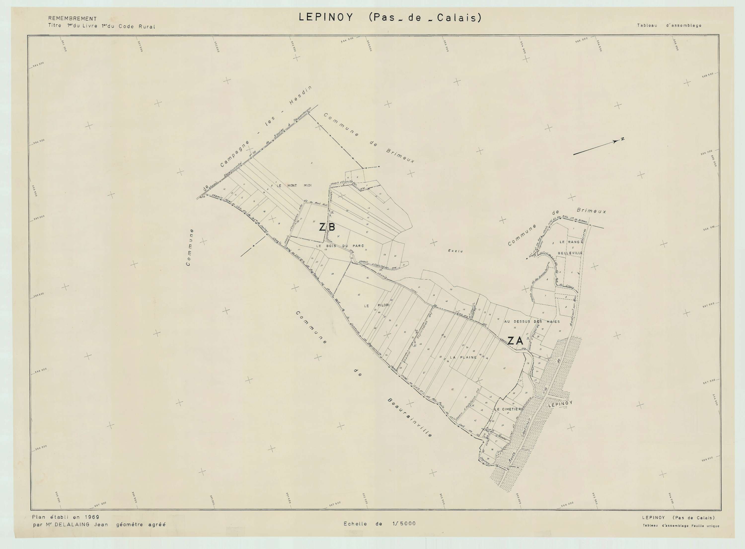 Lespinoy - Plan cadastral : tableau d'assemblage postérieur au remembrement.