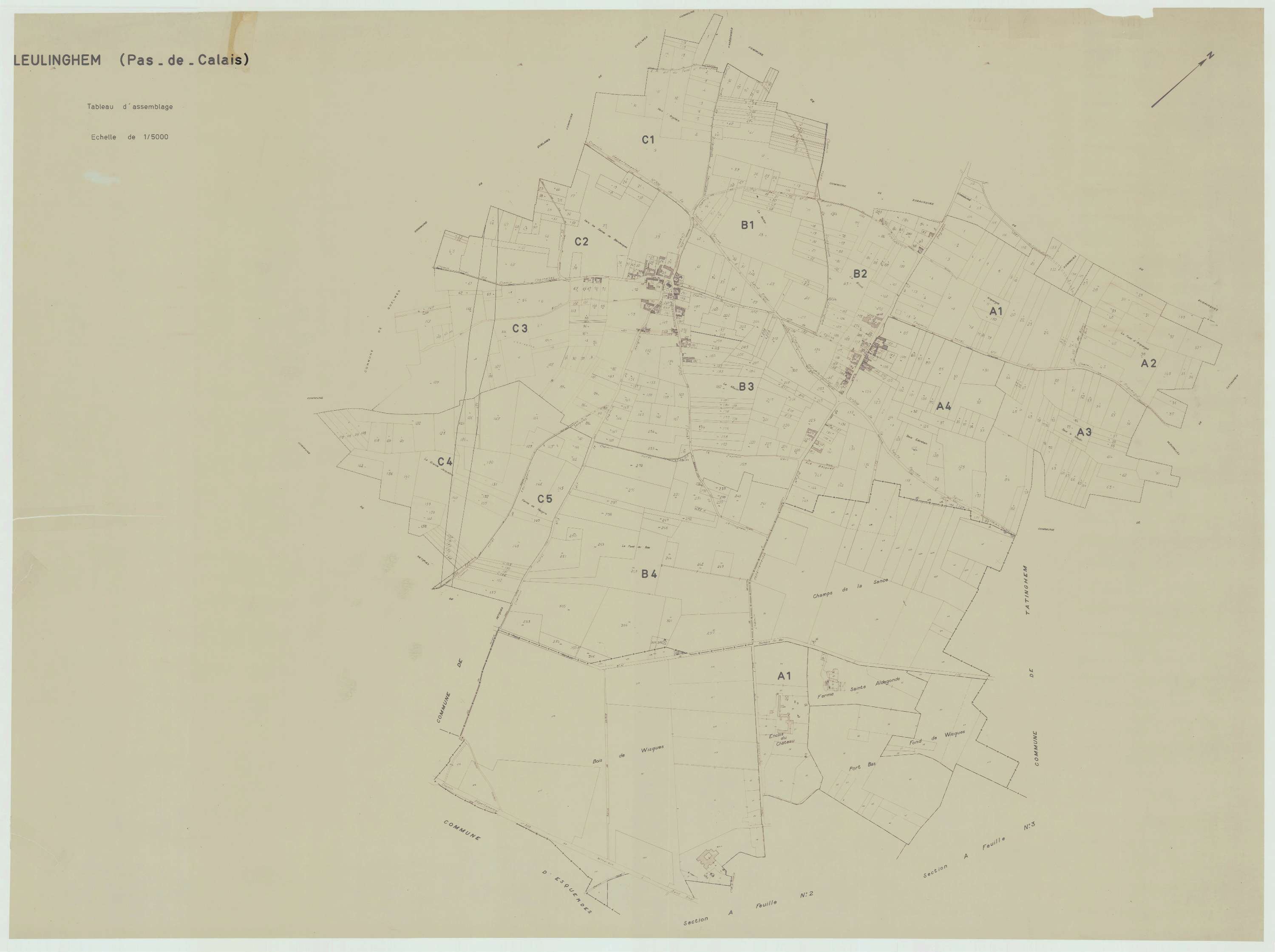 Leulinghem - Plan cadastral : tableau d'assemblage antérieur au remembrement.