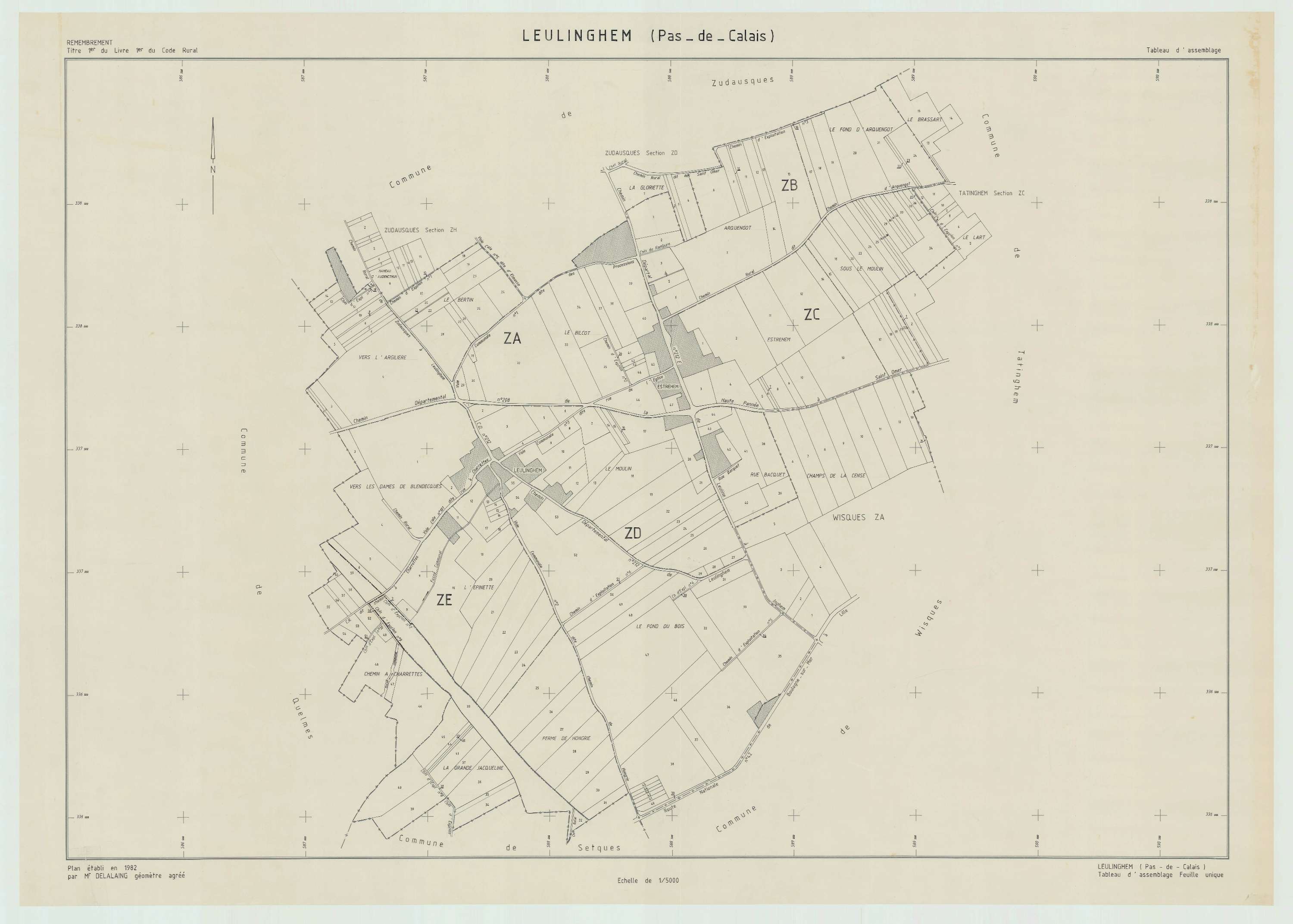 Leulinghem - Plan cadastral : tableau d'assemblage postérieur au remembrement.
