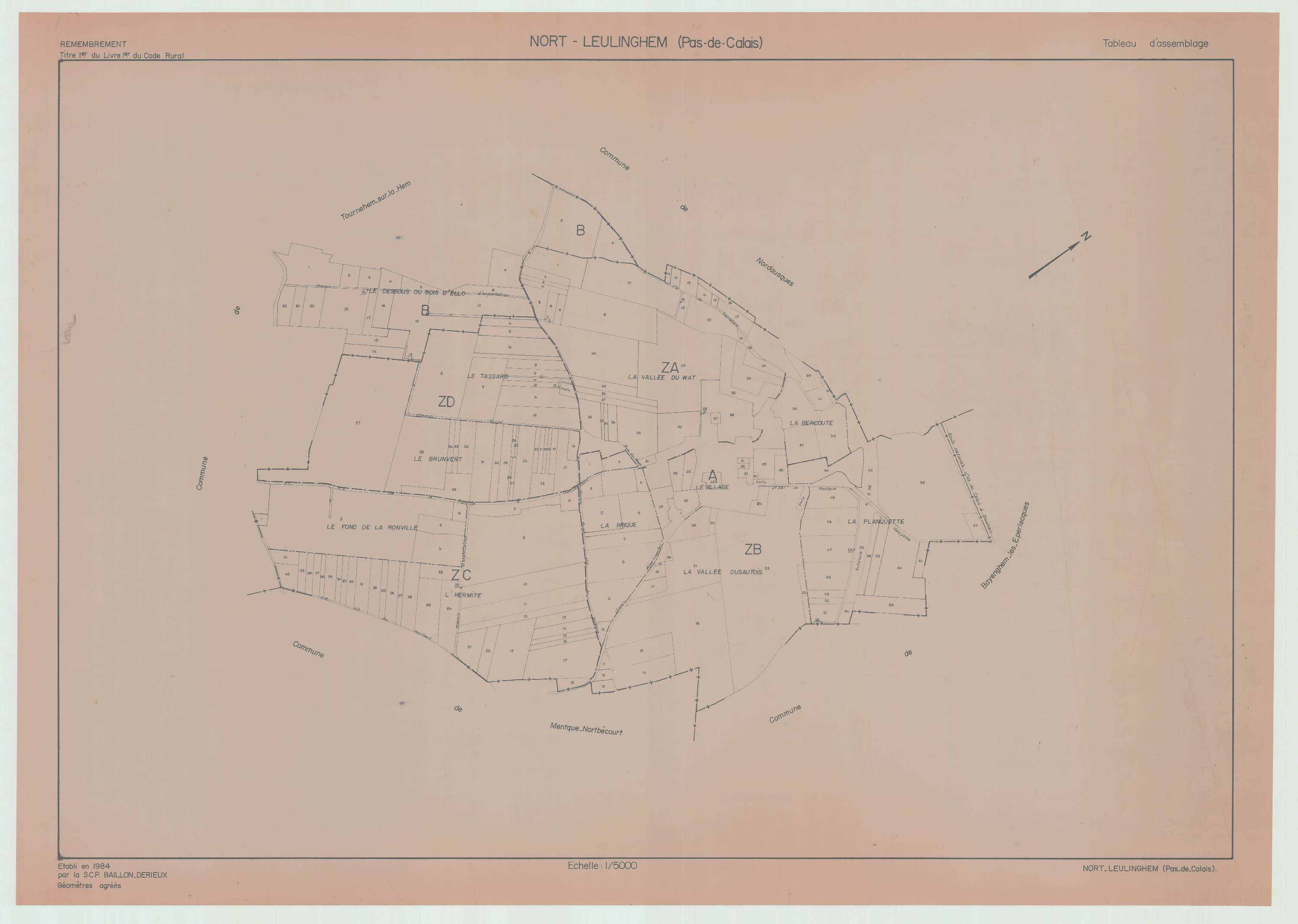 Leulinghem - Plan cadastral : tableau d'assemblage antérieur au remembrement.