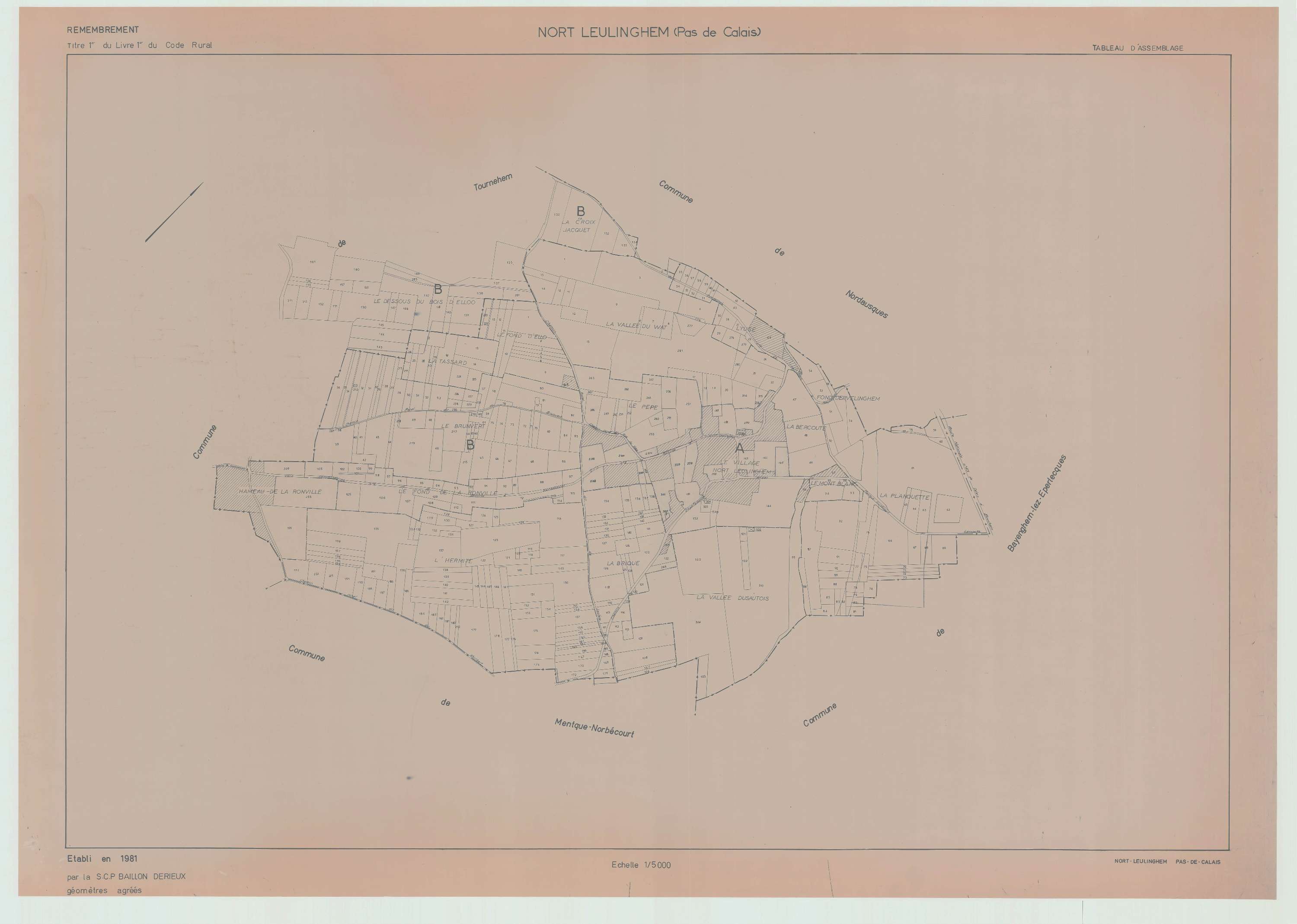 Leulinghem - Plan cadastral : tableau d'assemblage postérieur au remembrement.