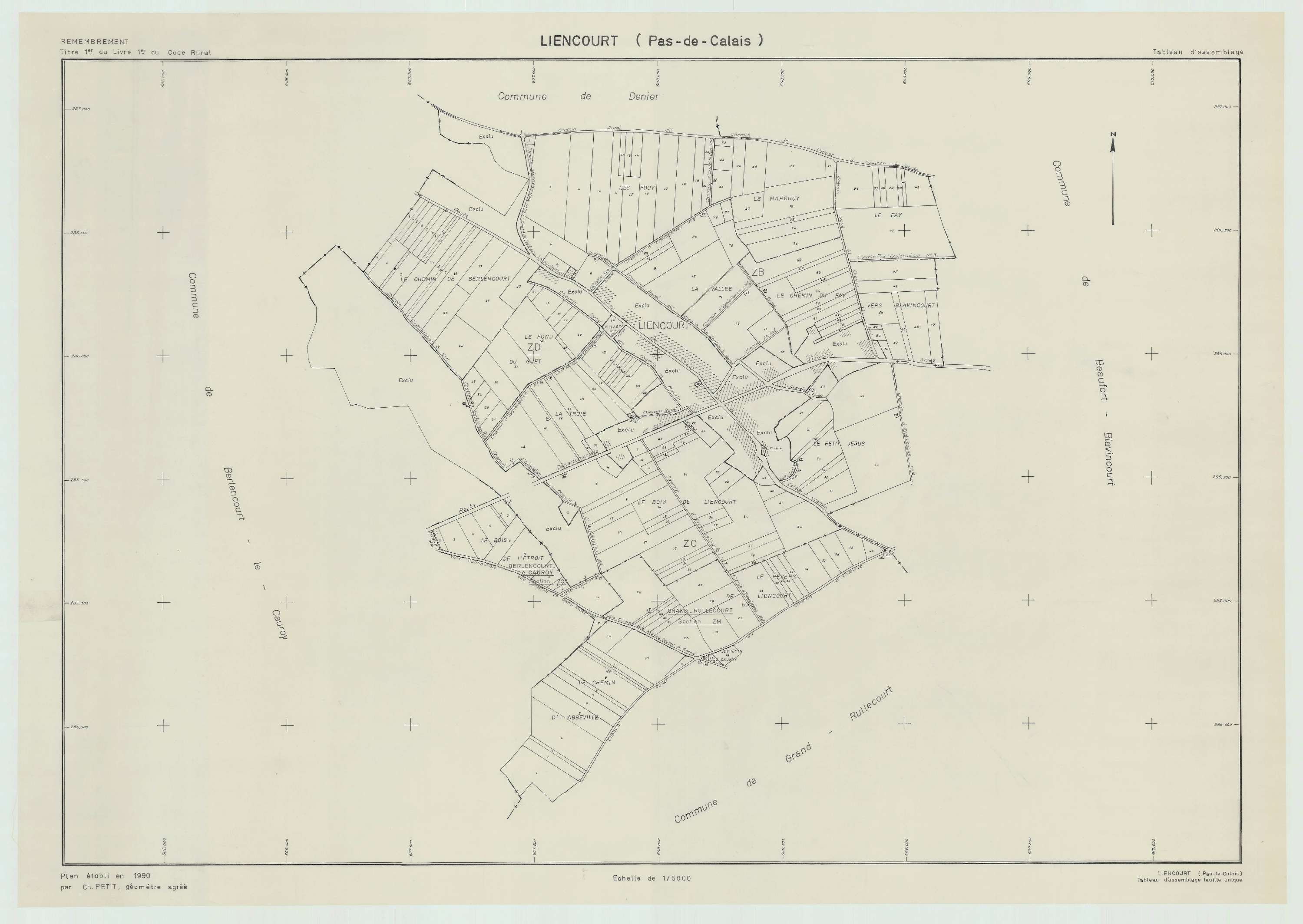 Liencourt - Plan cadastral : tableau d'assemblage postérieur au remembrement.