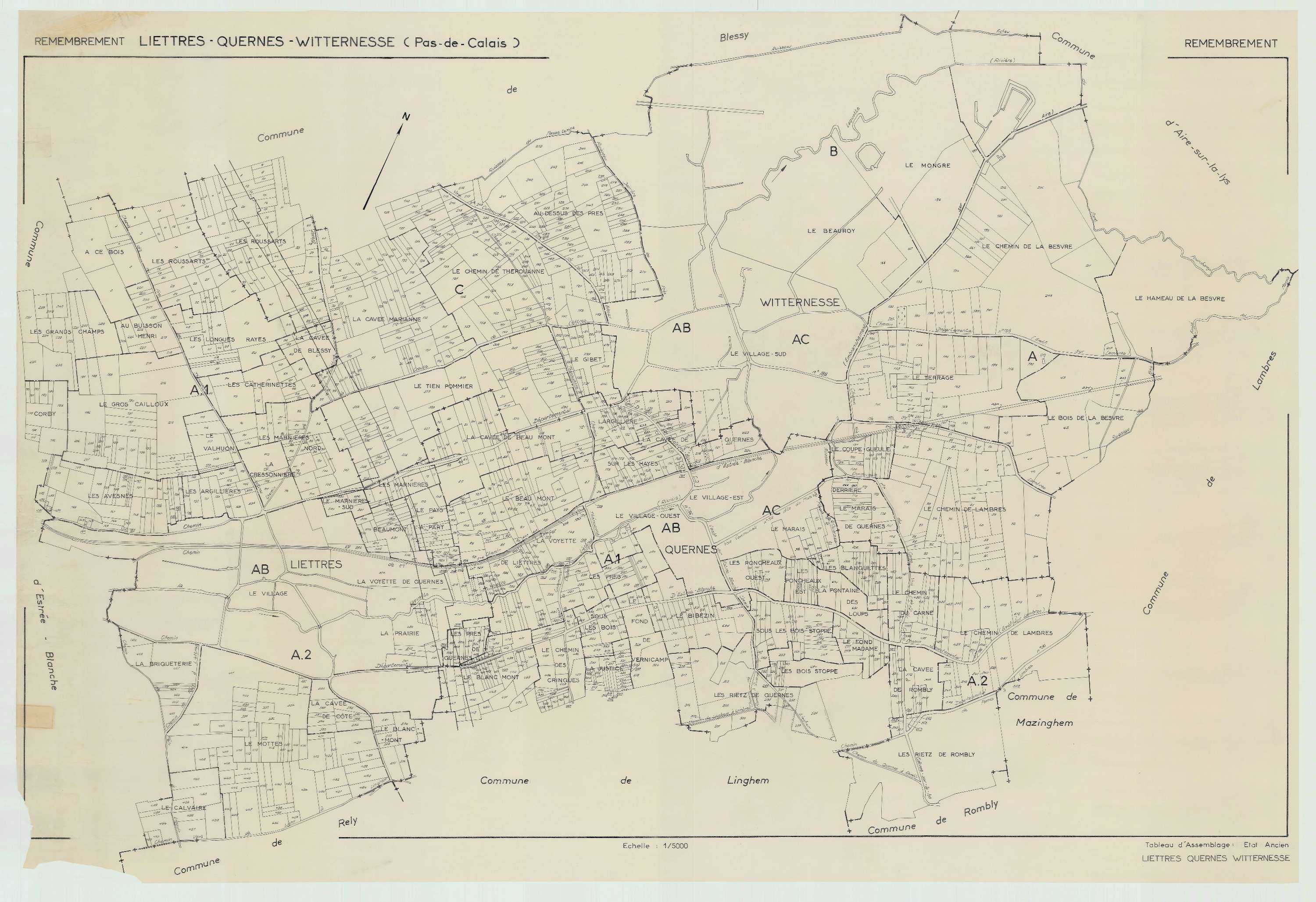 Liettres - Plan cadastral : tableau d'assemblage antérieur au remembrement.