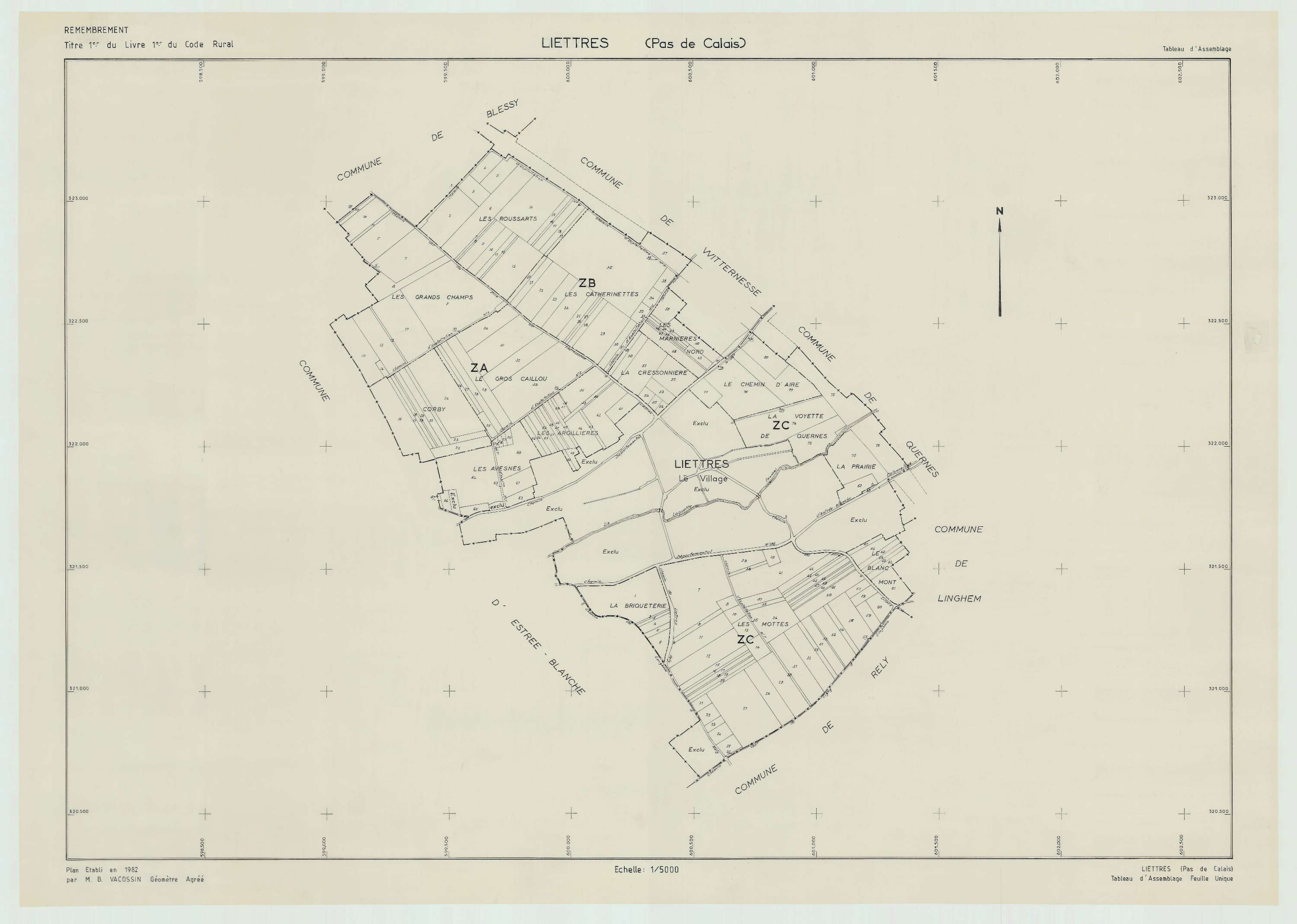 Liettres - Plan cadastral : tableau d'assemblage postérieur au remembrement.
