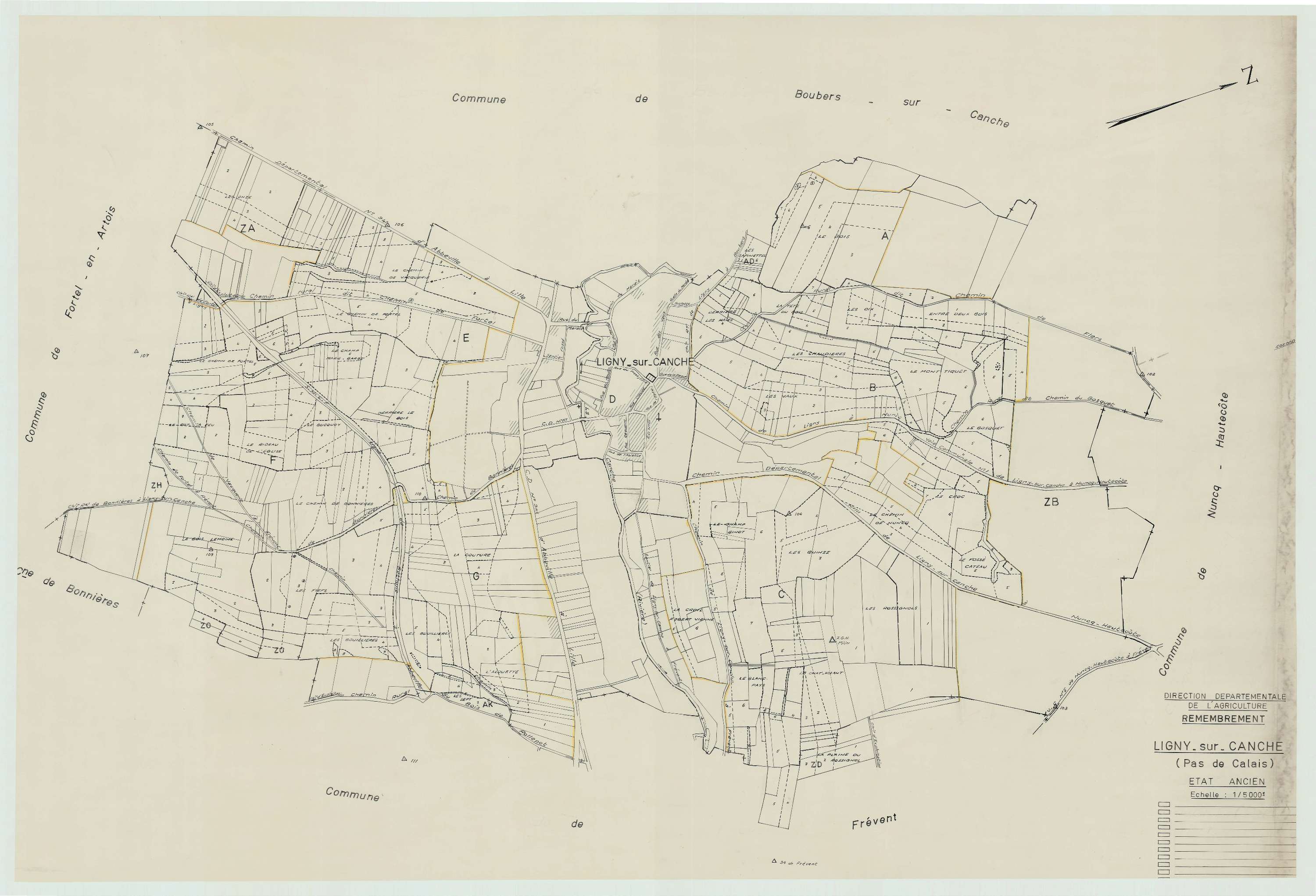 Ligny-sur-Canche - Plan cadastral : tableau d'assemblage antérieur au remembrement.