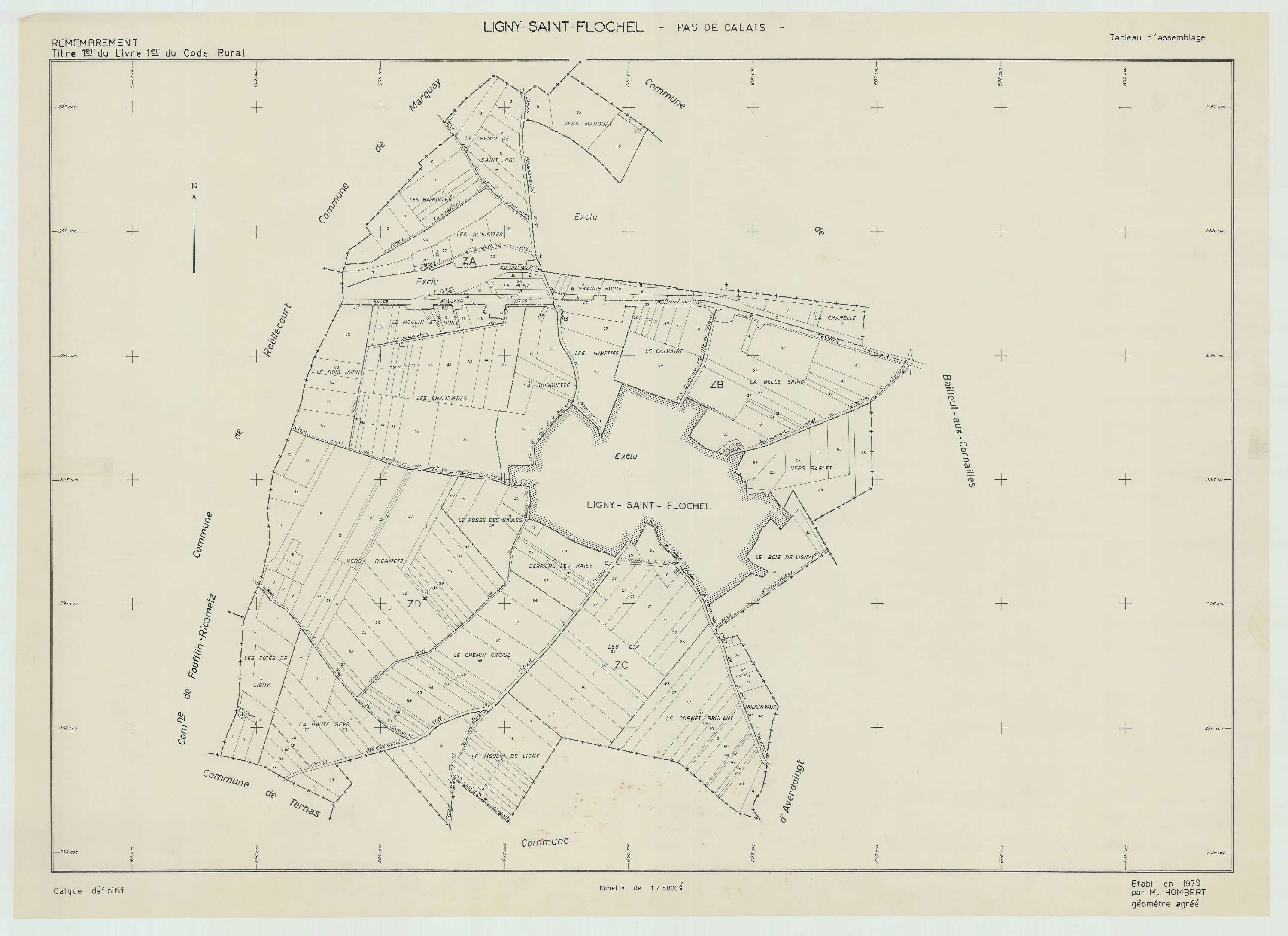 Ligny-Saint-Flochel - Plan cadastral : tableau d'assemblage postérieur au remembrement.