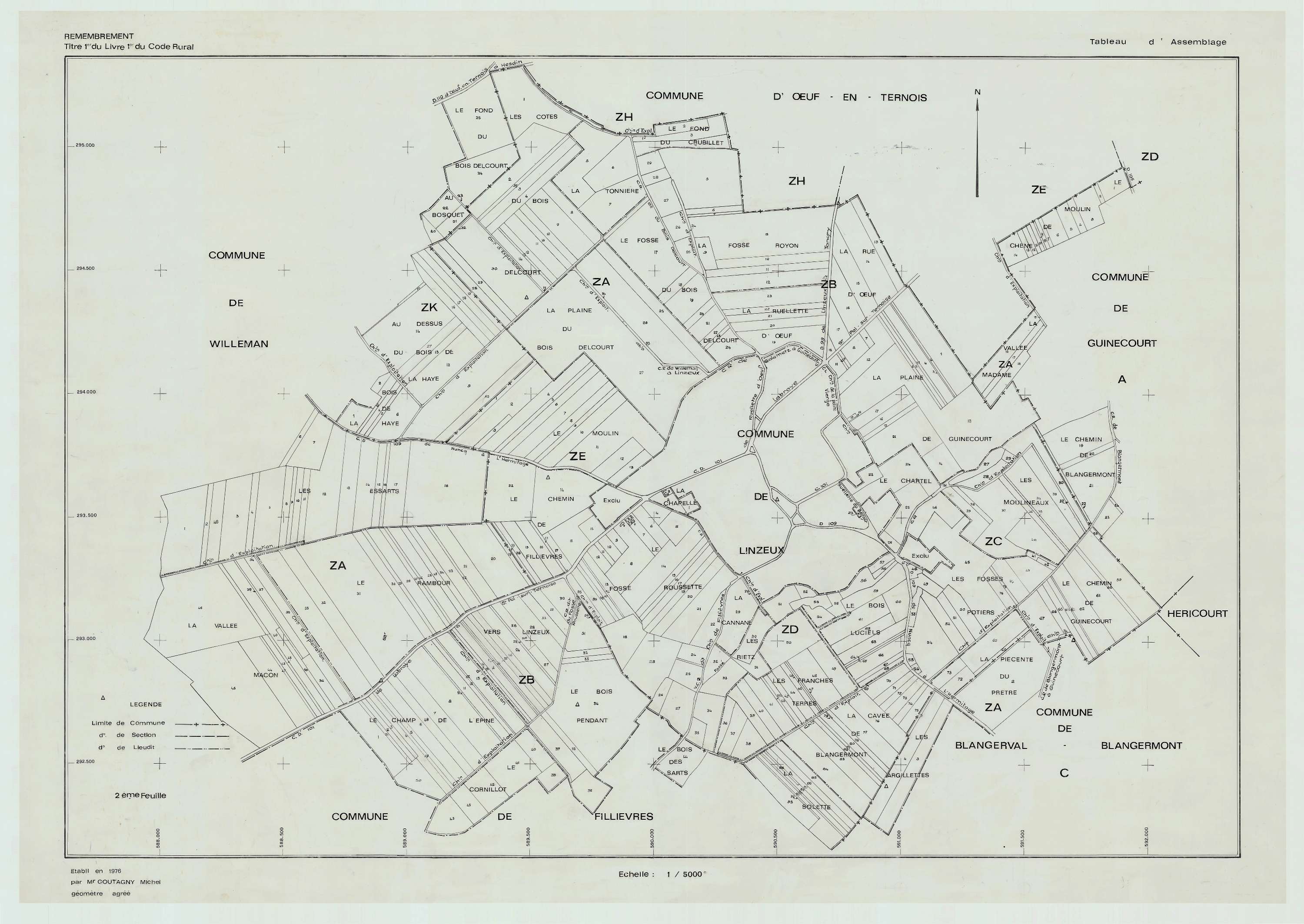 Linzeux - Plan cadastral : tableau d'assemblage postérieur au remembrement.