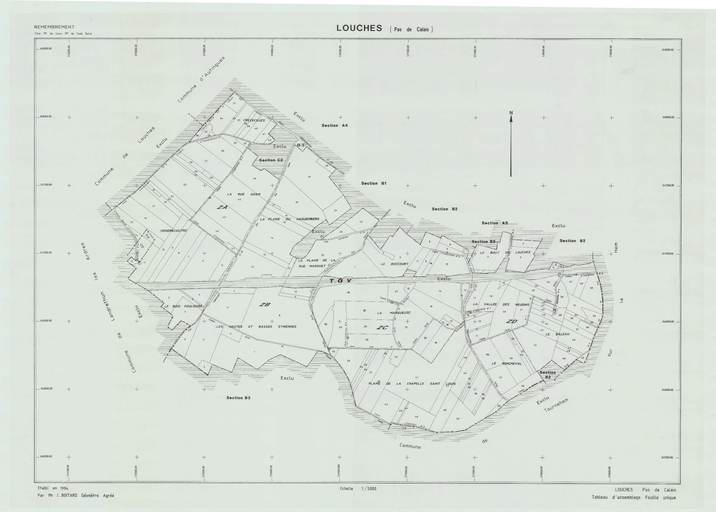 Louches - Plan cadastral : tableau d'assemblage postérieur au remembrement.