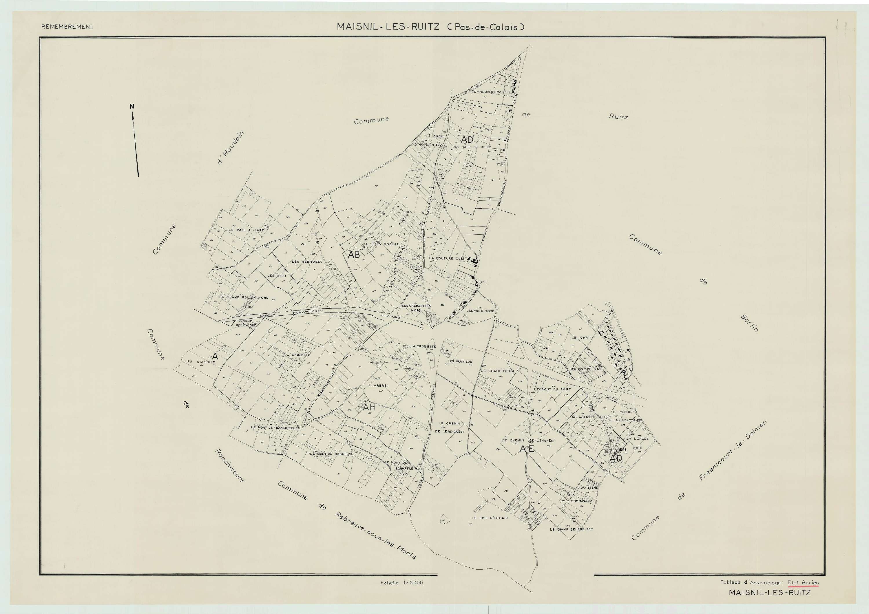 Maisnil-lès-Ruitz - Plan cadastral : tableau d'assemblage antérieur au remembrement.