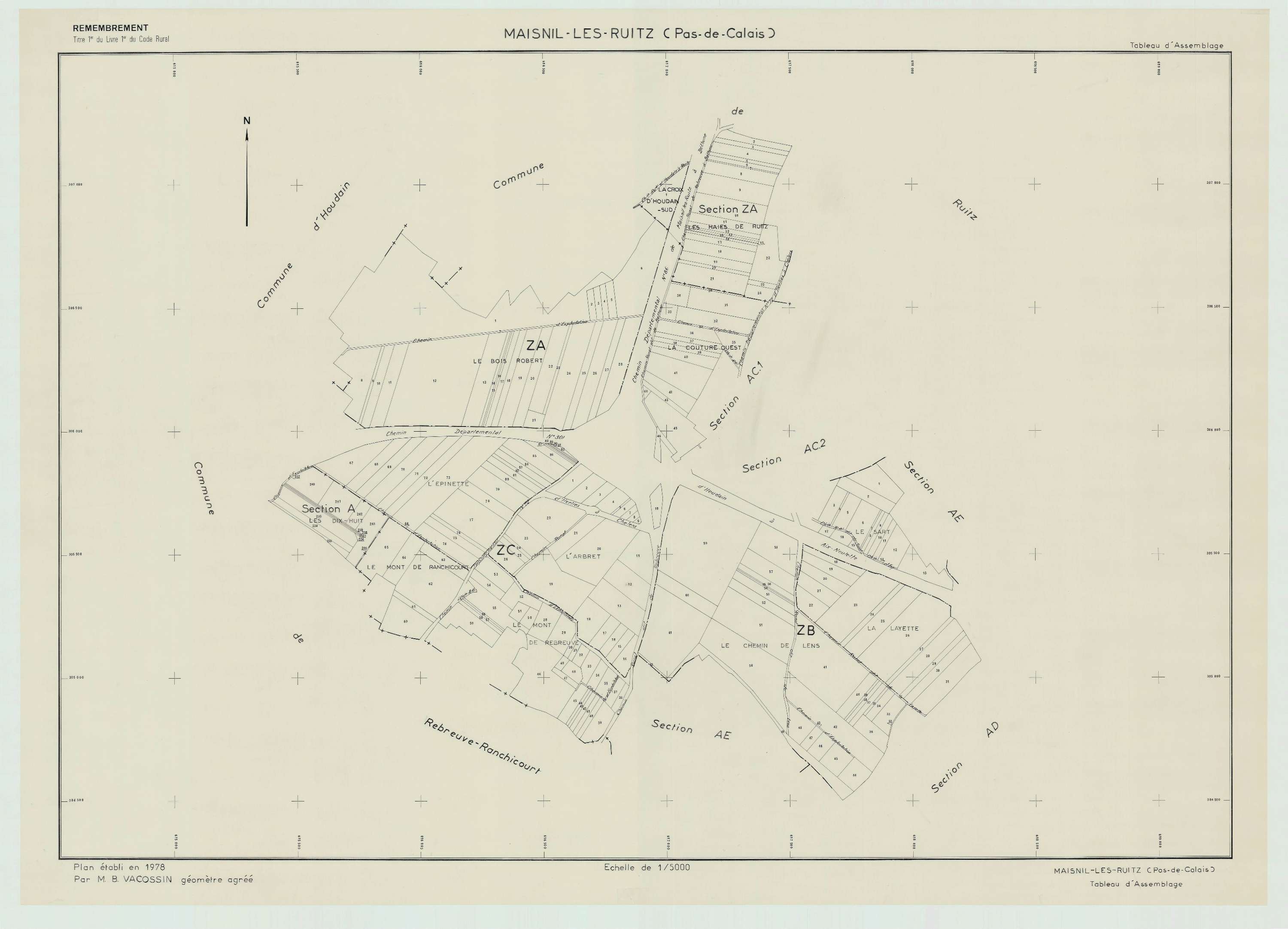 Maisnil-lès-Ruitz - Plan cadastral : tableau d'assemblage postérieur au remembrement.