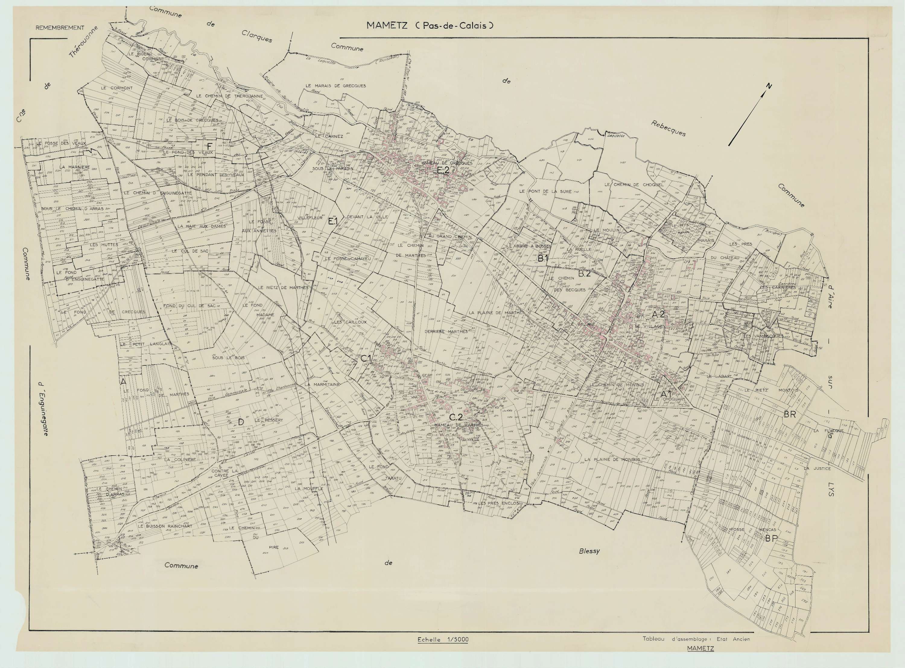 Mametz - Plan cadastral : tableau d'assemblage antérieur au remembrement.