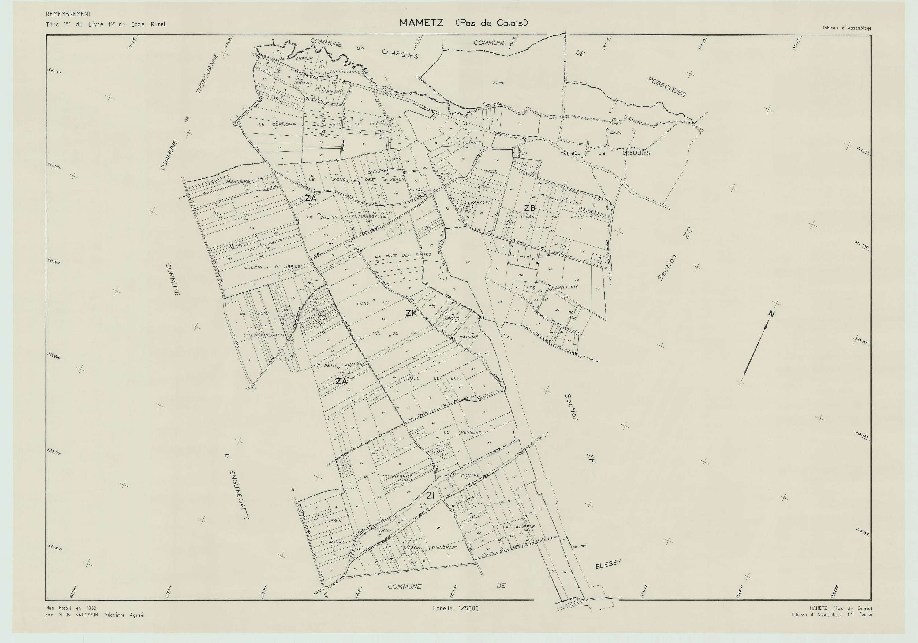 Mametz - Plan cadastral : tableau d'assemblage postérieur au remembrement.