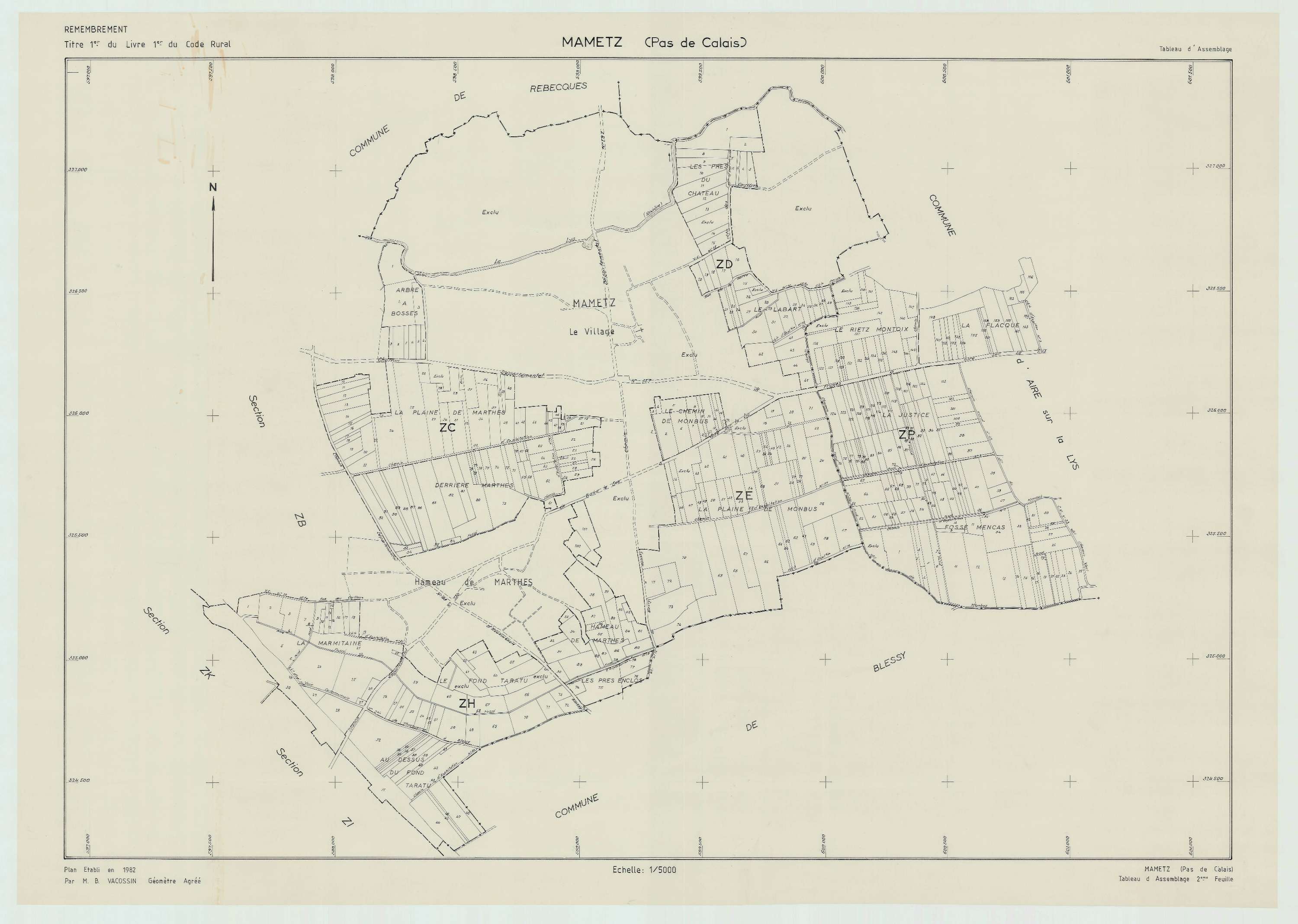 Mametz - Plan cadastral : tableau d'assemblage postérieur au remembrement.