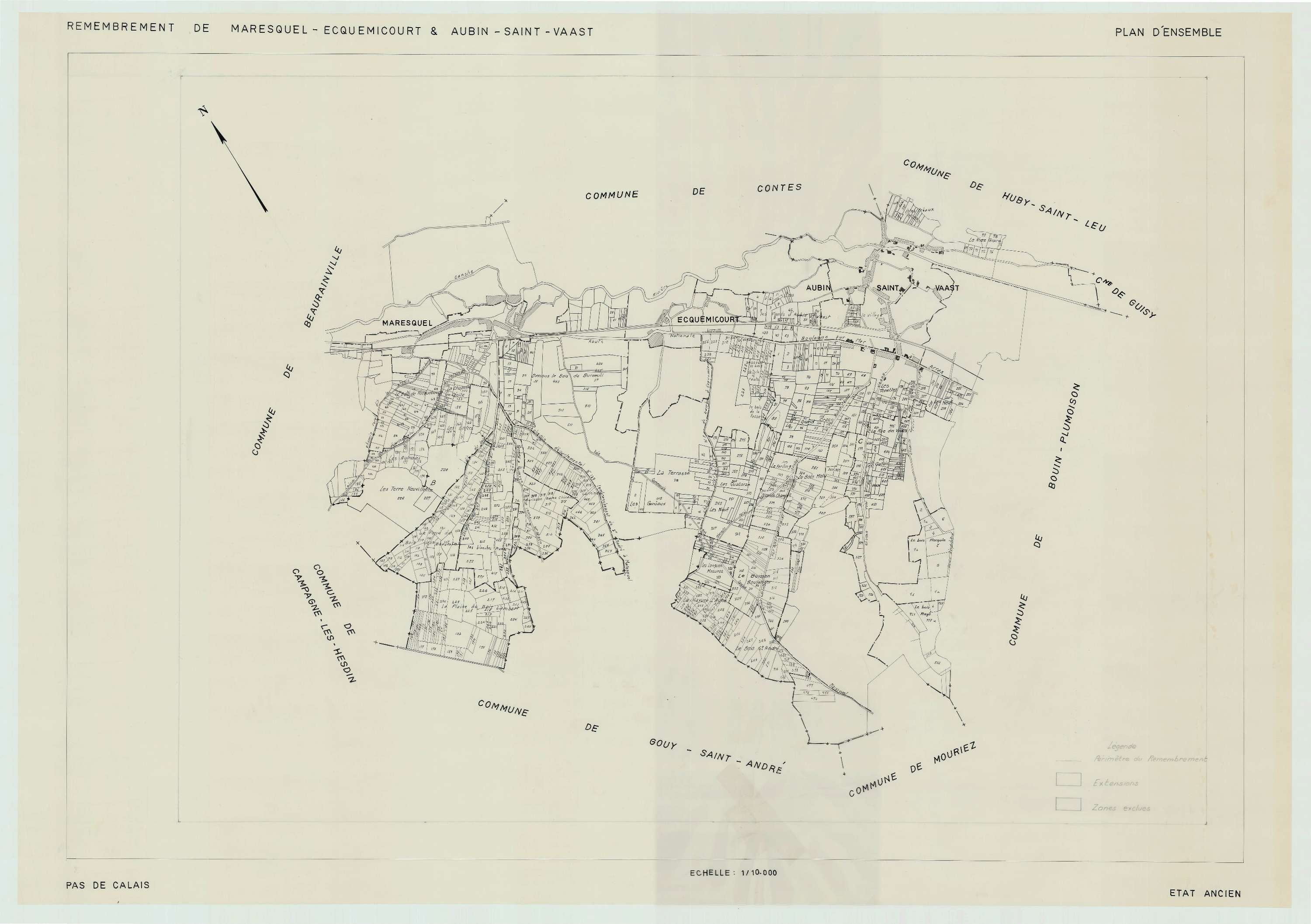 Maresquel-Ecquemicourt - Plan cadastral : tableau d'assemblage antérieur au remembrement.