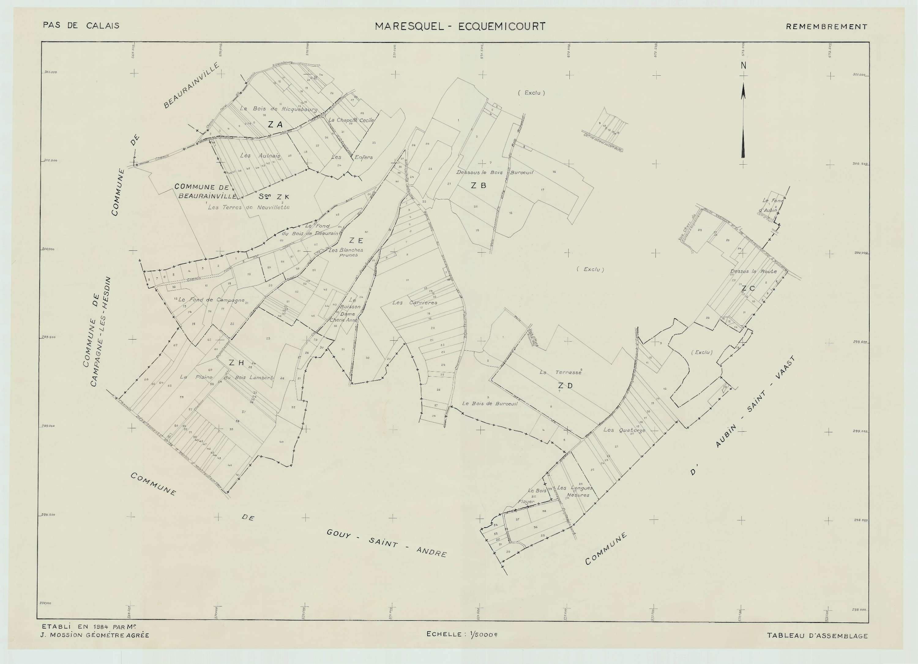 Maresquel-Ecquemicourt - Plan cadastral : tableau d'assemblage postérieur au remembrement.