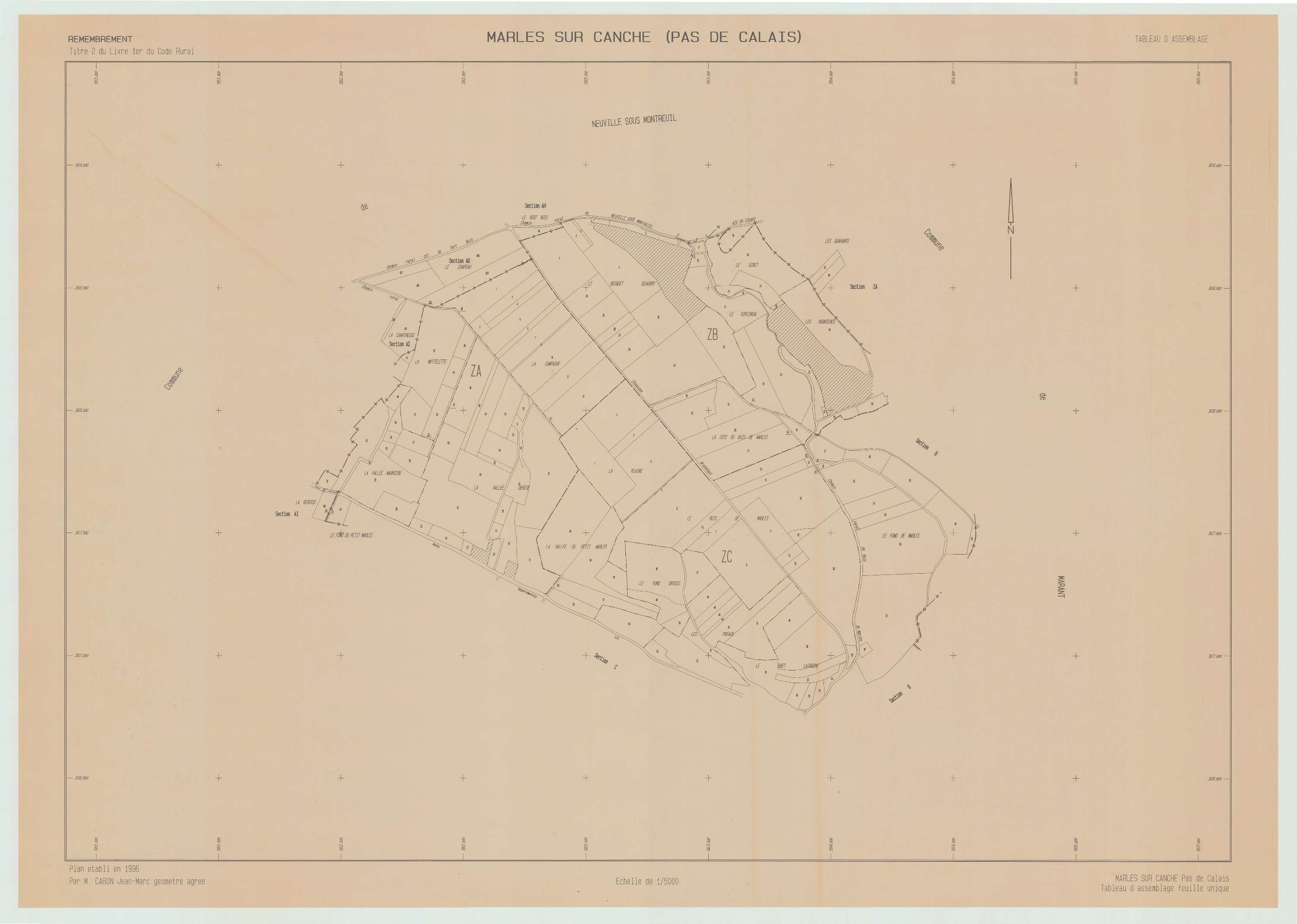 Marles-sur-Canche - Plan cadastral : tableau d'assemblage postérieur au remembrement.