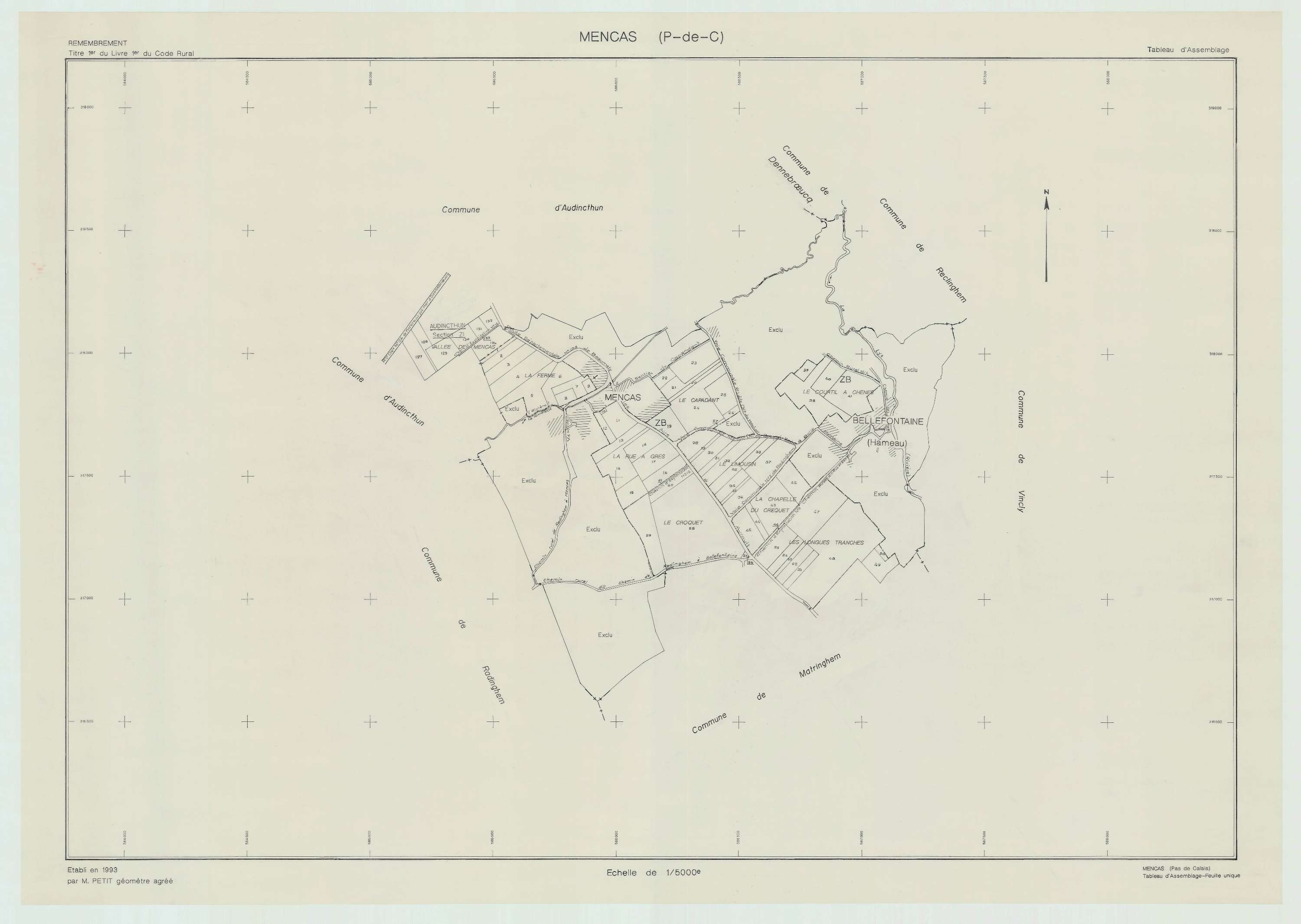 Mencas - Plan cadastral : tableau d'assemblage postérieur au remembrement.
