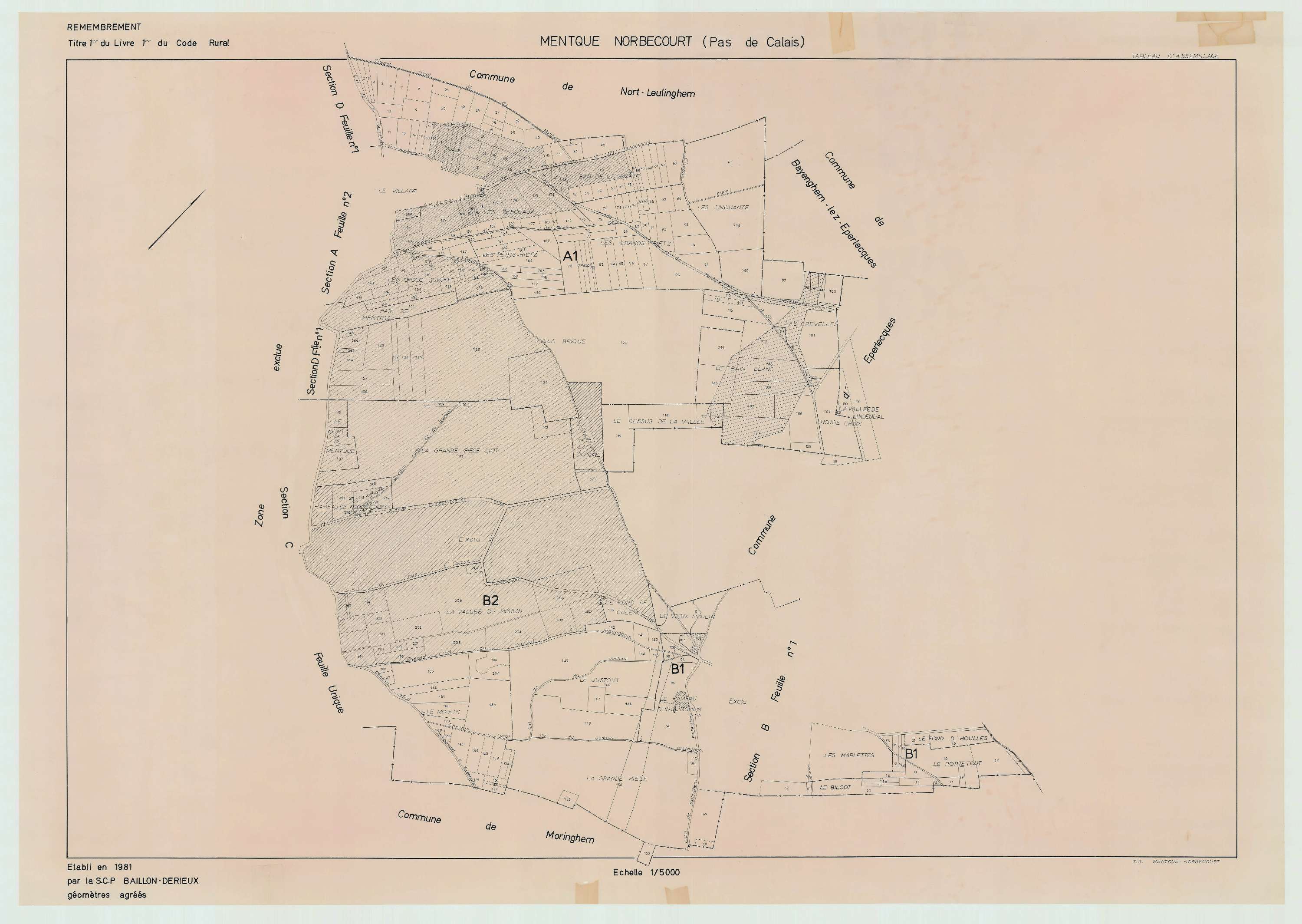 Mentque-Nortbécourt - Plan cadastral : tableau d'assemblage antérieur au remembrement.