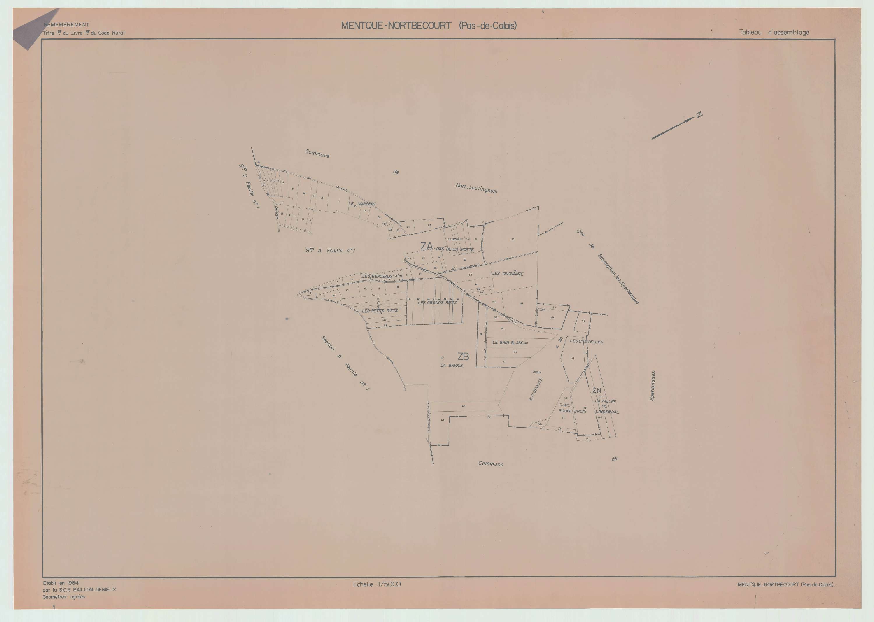 Mentque-Nortbécourt - Plan cadastral : tableau d'assemblage postérieur au remembrement.