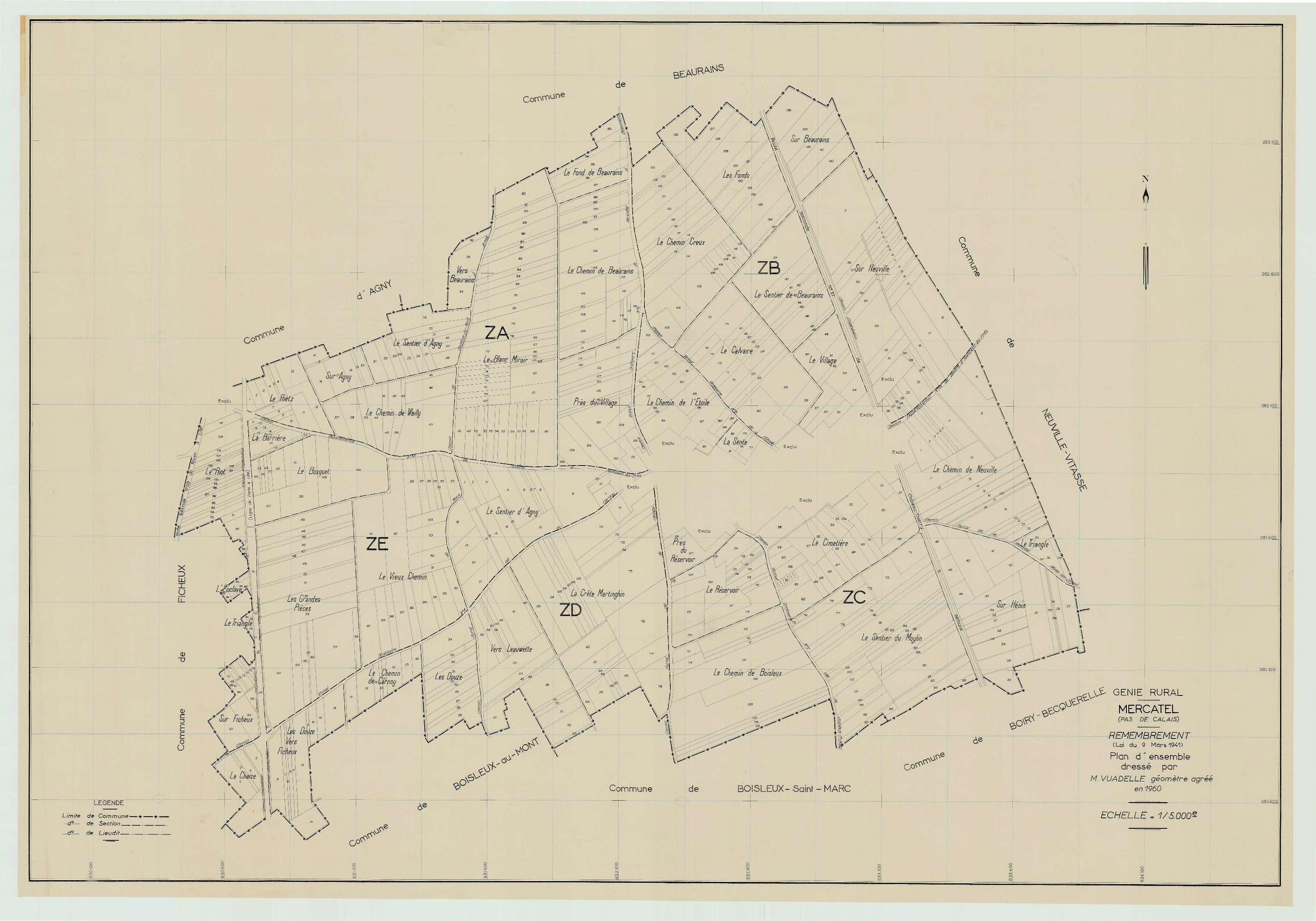 Mercatel - Plan cadastral : tableau d'assemblage postérieur au remembrement.