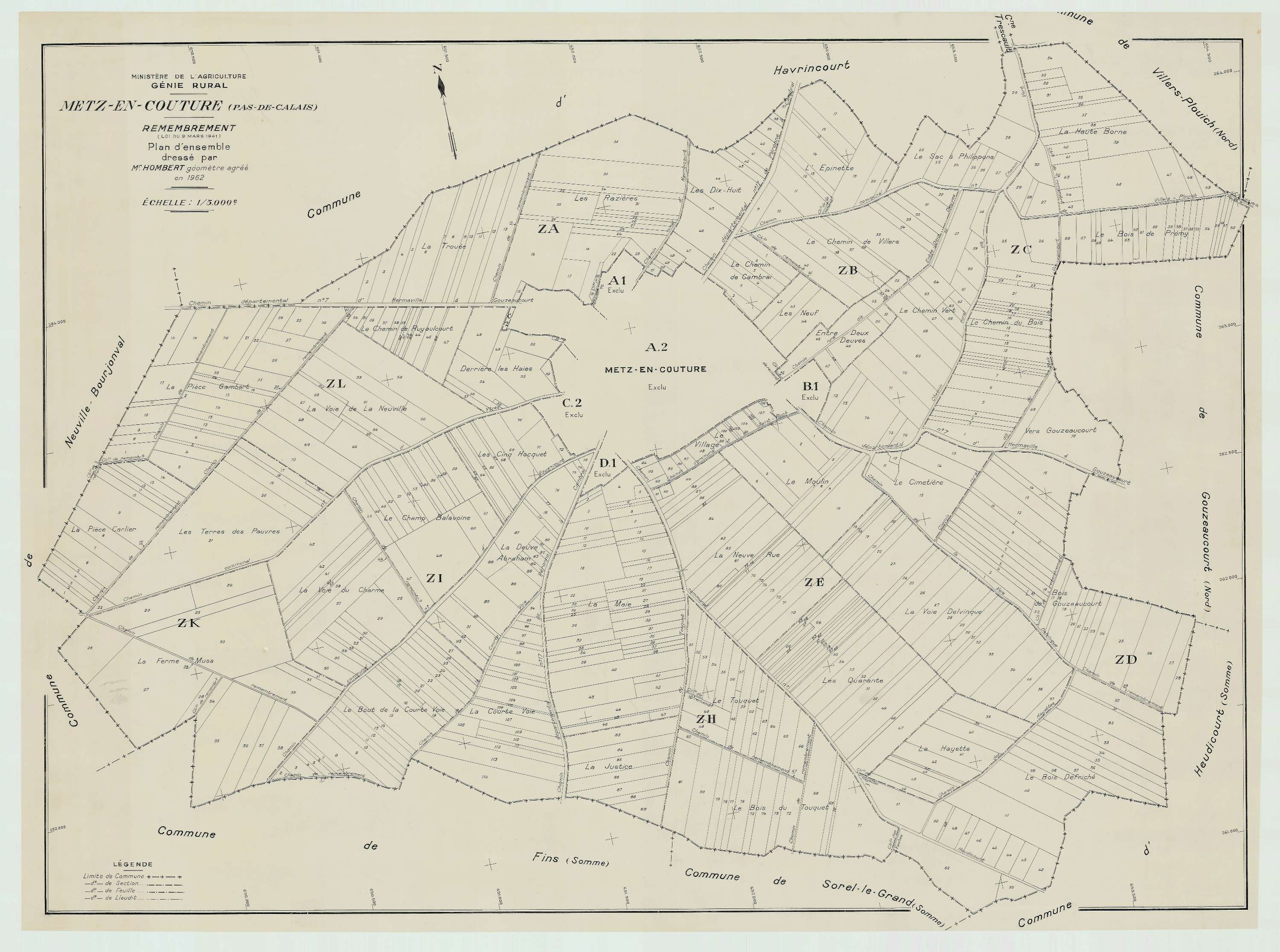Metz-en-Couture - Plan cadastral : tableau d'assemblage postérieur au remembrement.