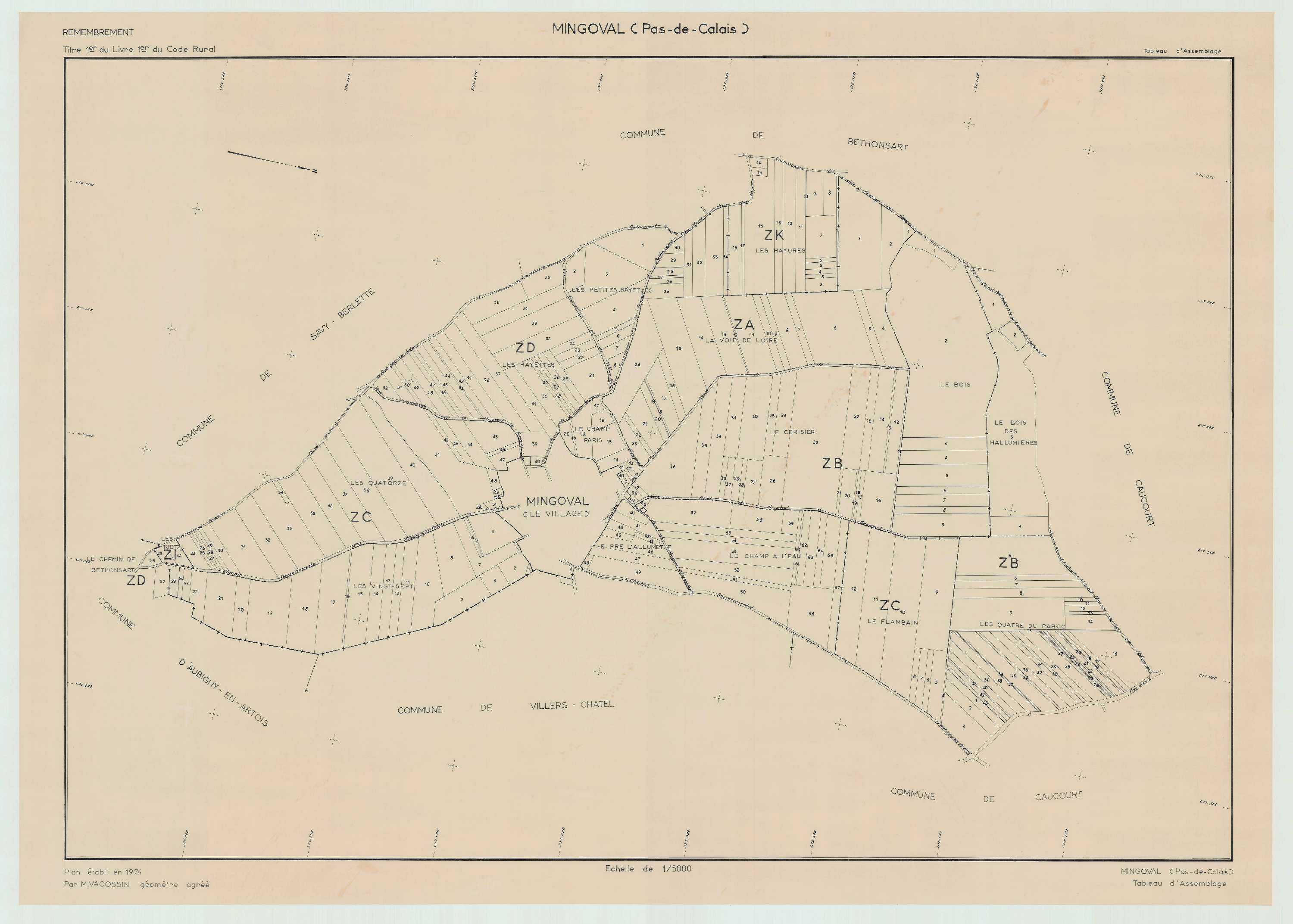 Mingoval - Plan cadastral : tableau d'assemblage postérieur au remembrement.