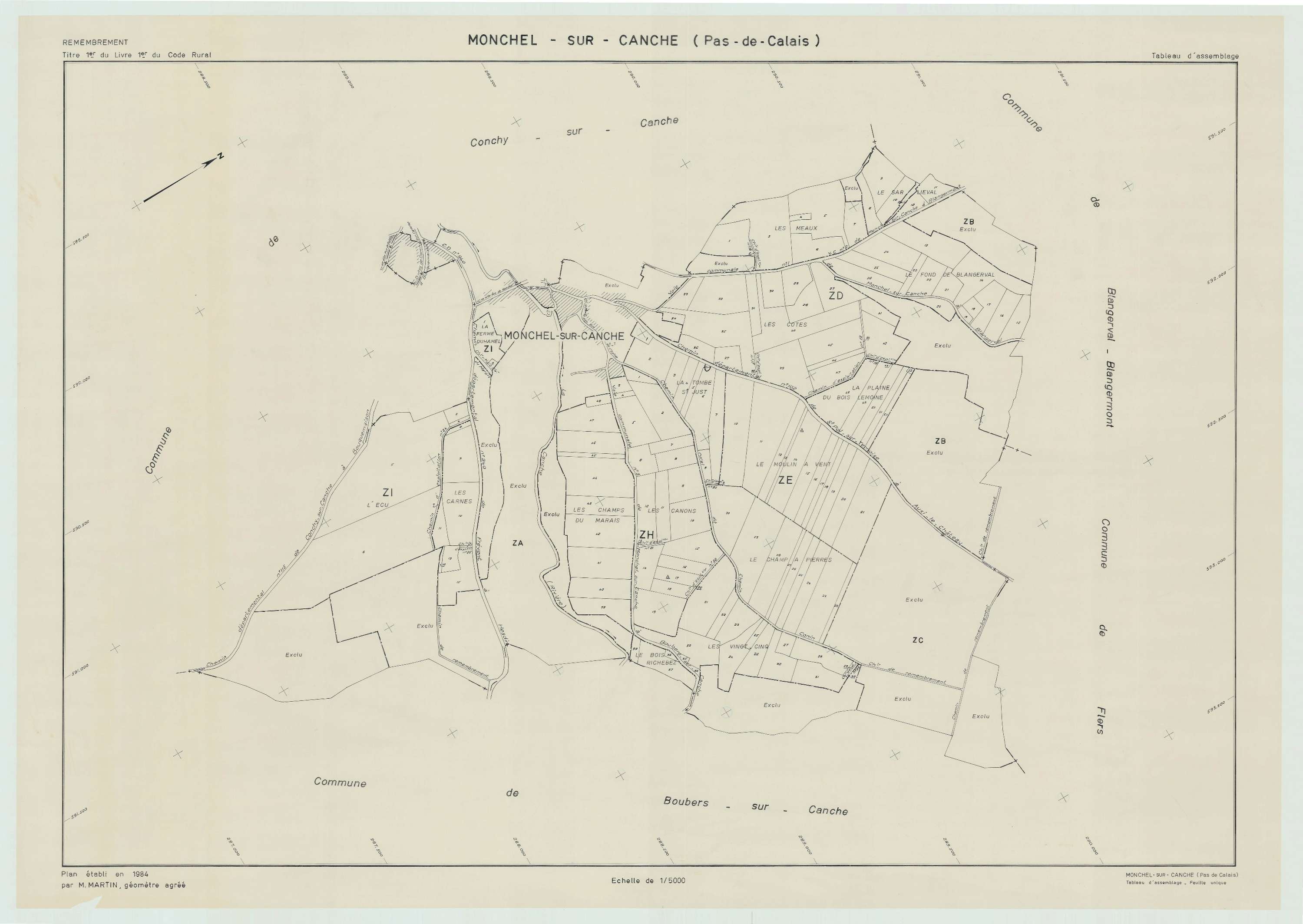 Monchel-sur-Canche - Plan cadastral : tableau d'assemblage postérieur au remembrement.
